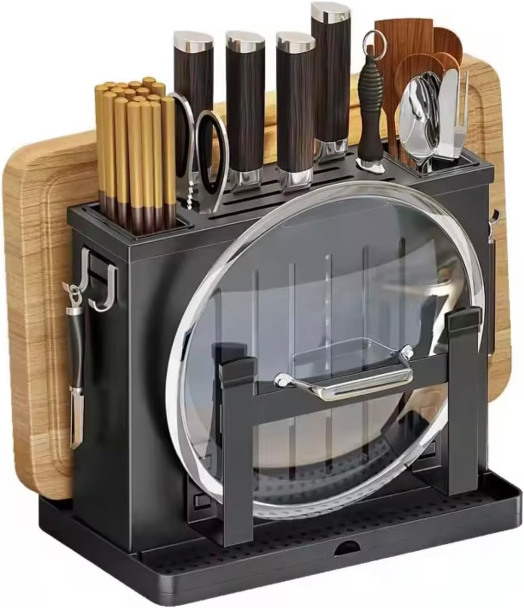 Wall-Mounted Kitchen Knife Organiser, Multifunctional Utensil Holder with Cutting Board Storage, Black image number 1