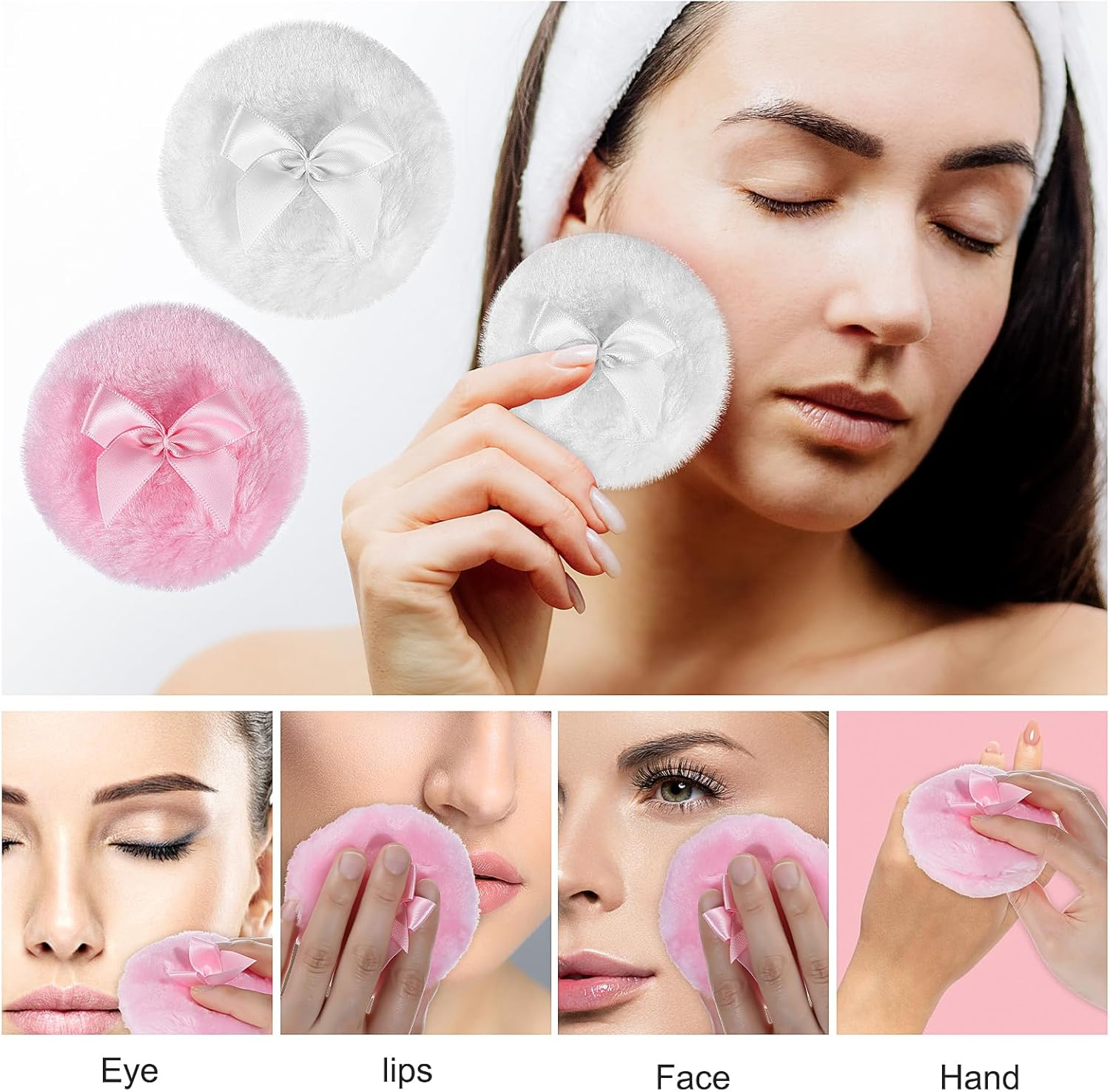 Piriuuo 2 Pcs Large Fluffy Powder Puff, 3.5 Inch Face Body Powder Puff Soft Washable Reusable Velour Dusting Powder Puff Loose Powder Puffs Wet Dry Makeup Tool (White & Pink) image number 4