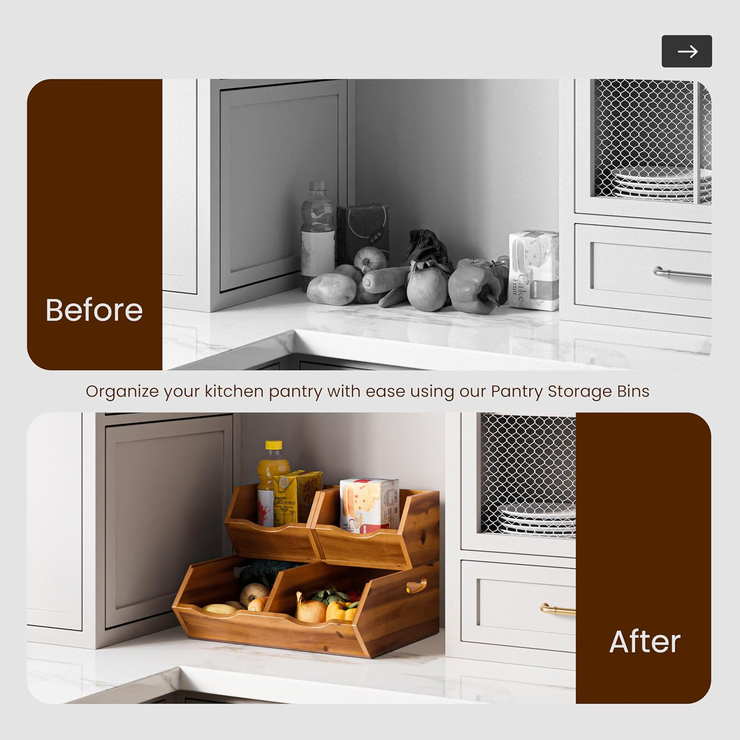 HOLANA Onion and Potato Storage Bins - Acacia Wood Pantry Baskets Organization and Storage - Wooden Stackable Baskets for Bread, Fruit, Vegetable - Onion Basket for Kitchen Counter (Patent Pending) - Acacia image number 6