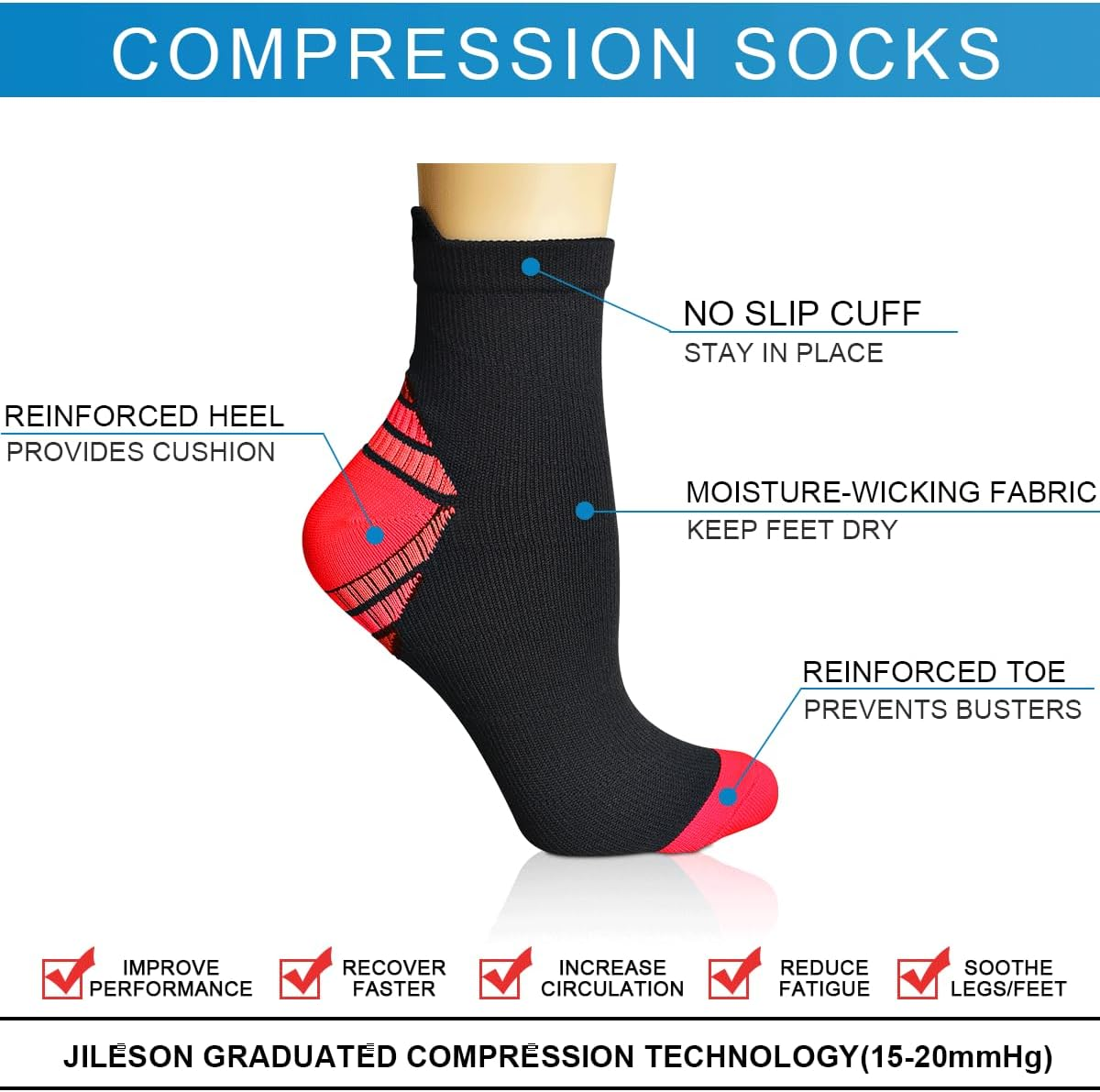 8 Pairs Compression Socks for Men & Women Plantar Fasciitis Ankle Socks for Arch Support Swelling Sports Cycling Hiking Flight Travel image number 4