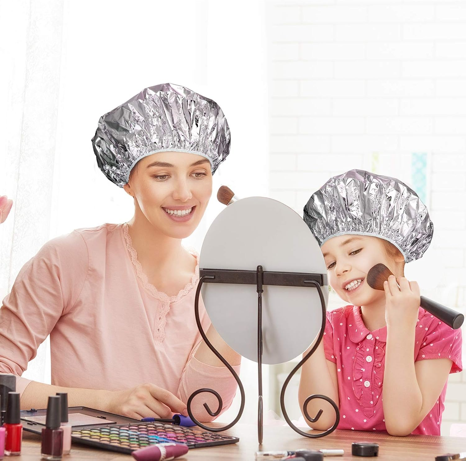 12 Pieces Deep Conditioning Caps Aluminum Foil Reusable Hair Processing Hair Coloring Shower Caps for Home Salon Use(12 Inch,Golden, Silvery) - Silvery image number 4