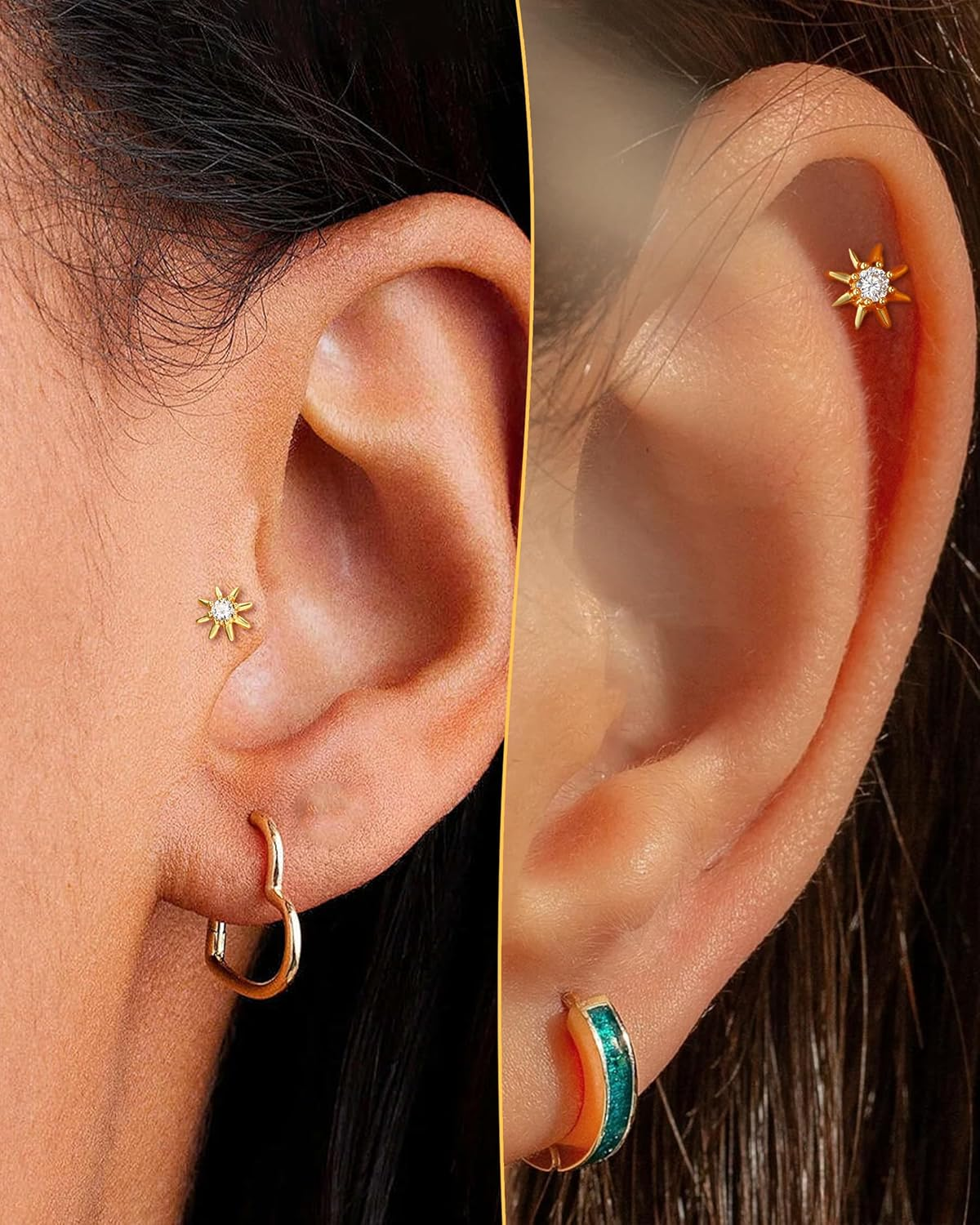 COCHARM Helix/Tragus/Conch/Cartilage Piercing Jewellery 16G 6Mm/8Mm - Threadless Star Tragus/Cartilage Earring Stud with Flat Back, Push Pin Surgical Steel Lobe Jewellery in Gold & Silver image number 5