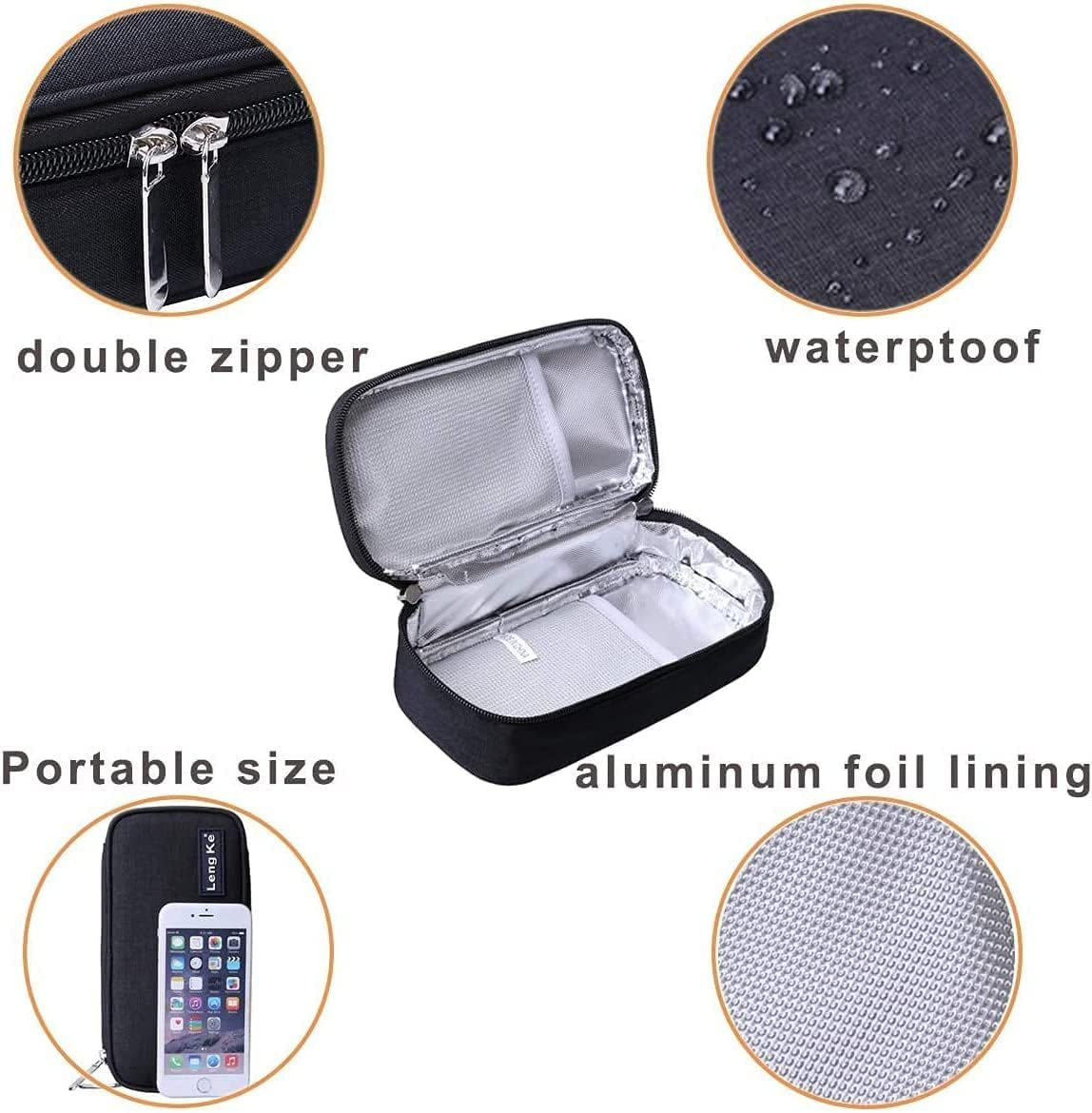 Insulin Cooler Travel Case Diabetic Organizers Medication Cooler Bag with 2 Ice Packs Travel Kits Waterproof and Insulation Liner (Black) - Black image number 2