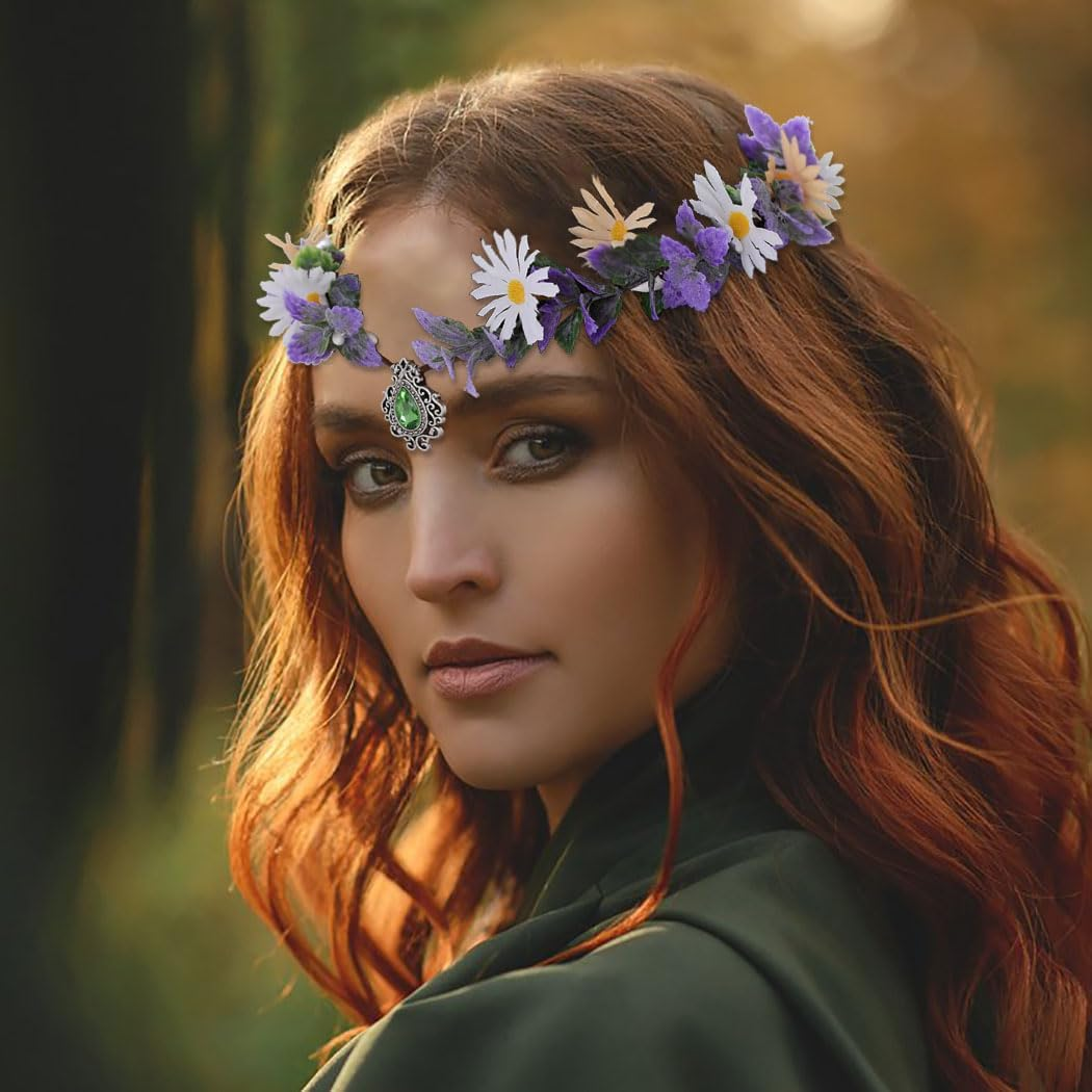 IYOU Elf Fairy Flower Crown Purple Floral Headband Crystal Leaf Headpieces Beach Wedding Hair Accessories for Women and Girls image number 3