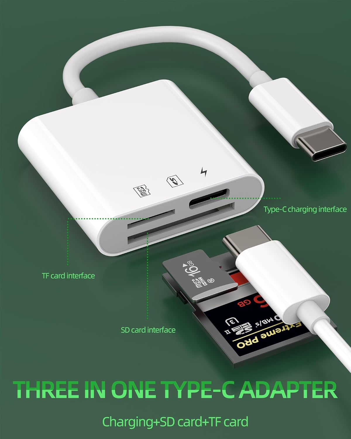 SD Card Reader for Apple for Iphone 15 Pro Max plus for Ipad Air(3In1)Usb C Charging Cable Adapter Camera Micro TF Memory Multiport Dongle Type C Thunderbolt Charger Accessories Compatible for Samsung image number 1