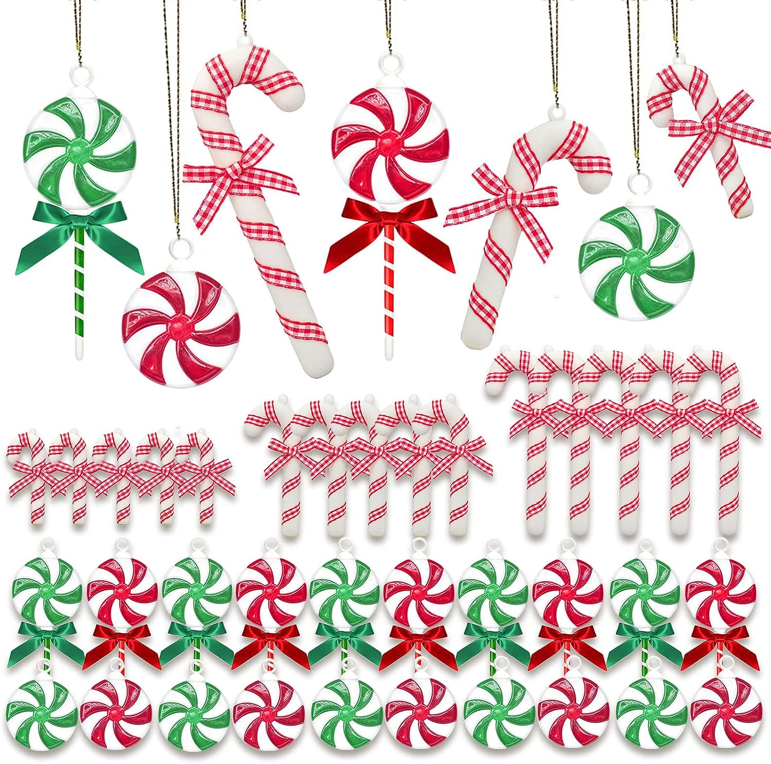 35 Pcs Shatterproof Christmas Candy Decorations Plastic Candy Cane Swirl Peppermint Lollipop Christmas Tree Hanging Ornaments, Colorful Acrylic Sweets Pendant with Bow & Rope for Holiday Party Supply image number 4