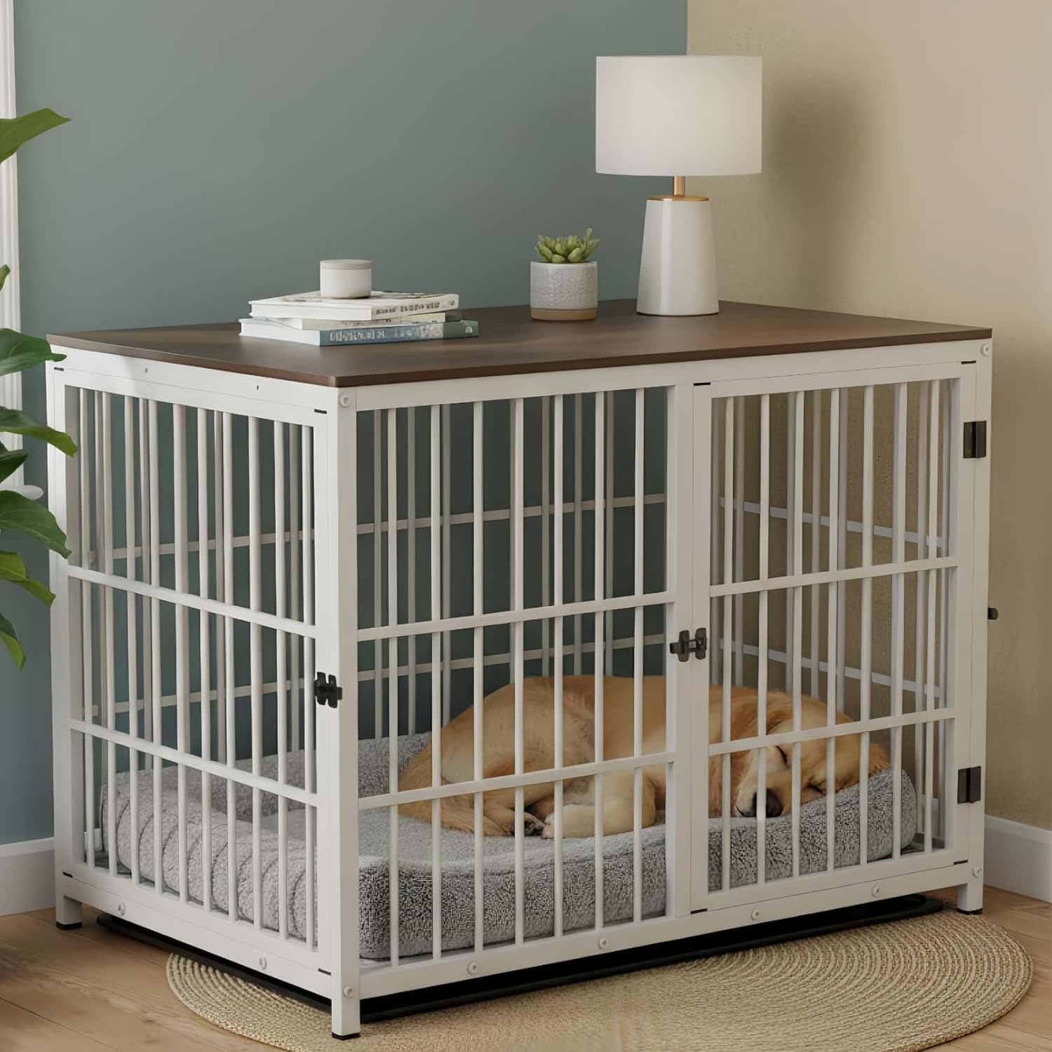 Bingopaw Wooden Dog Crate Indoor: 42Inch Furniture Style Pet Cage Pet Kennel End Table with Three Doors and Removable Tray for Large Dogs White image number 3