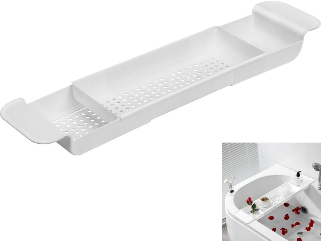 Expandable Drain Bath Shelf Caddy Tray,Clear Plastic Anti-Slip Bath Tub Shelf Caddy Tray,Multifunctional Plastic Bathtub Tray Bathtub Storage Rack for Candle Towel, Book, Wine, Phone, Shower (Black)