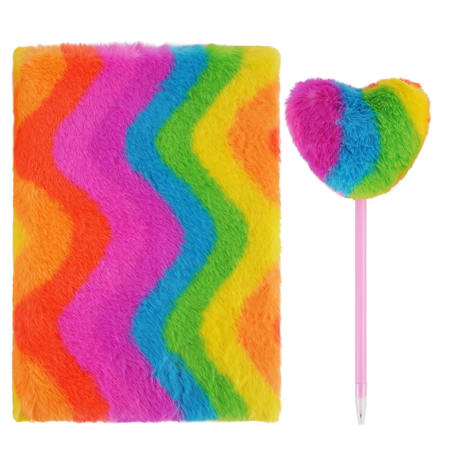 Biiange Plush Notebook, Fluffy Notebook Set, Rainbow Plush Notebooks Diary, for Girls Teens Fuzzy Journal Writing Pad A5 Lined 160 Pages (1Set, Vertical Rainbow)