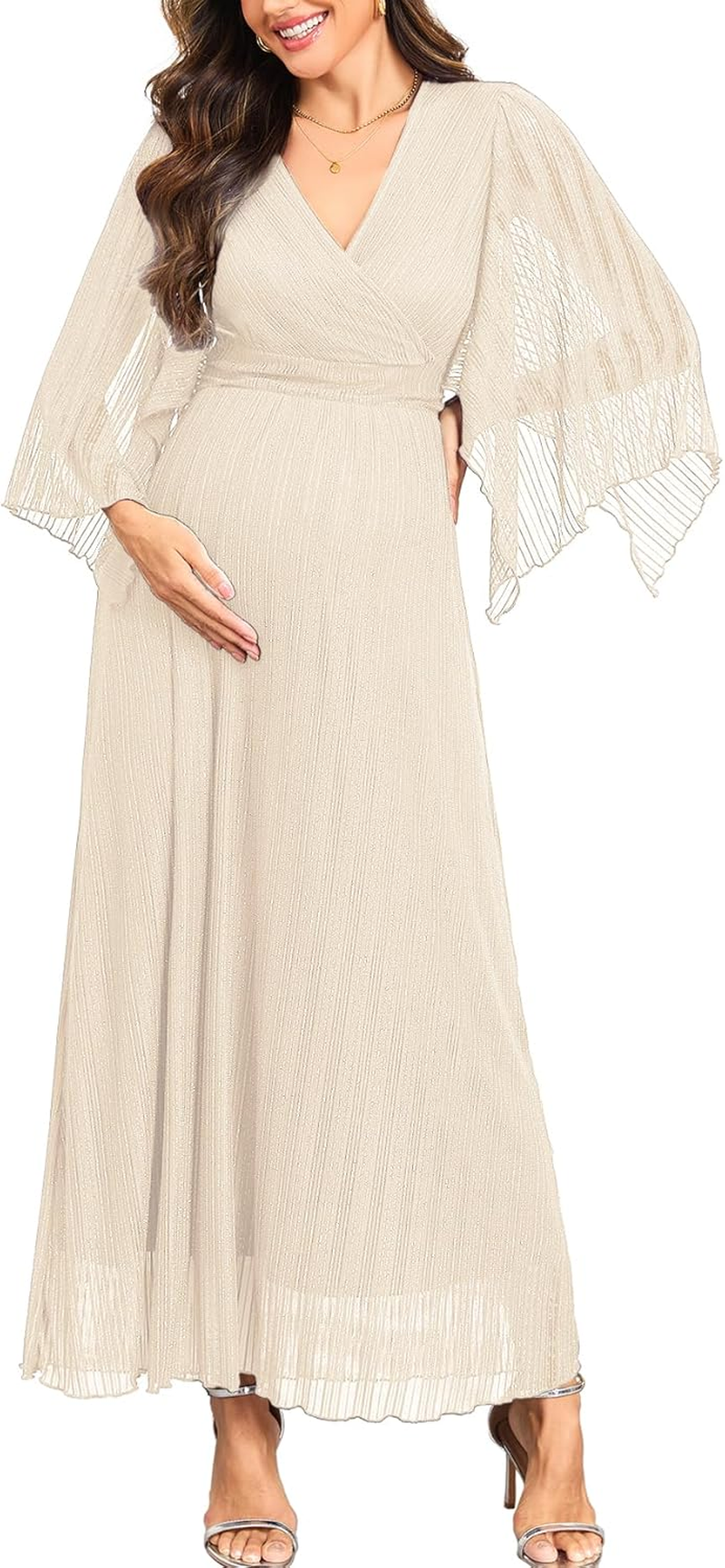 Maternity Sparkly Mesh Maxi Dress Handkerchief Sleeves Wrap V Neck Flowy Pregnancy Dresses Baby Shower Formal