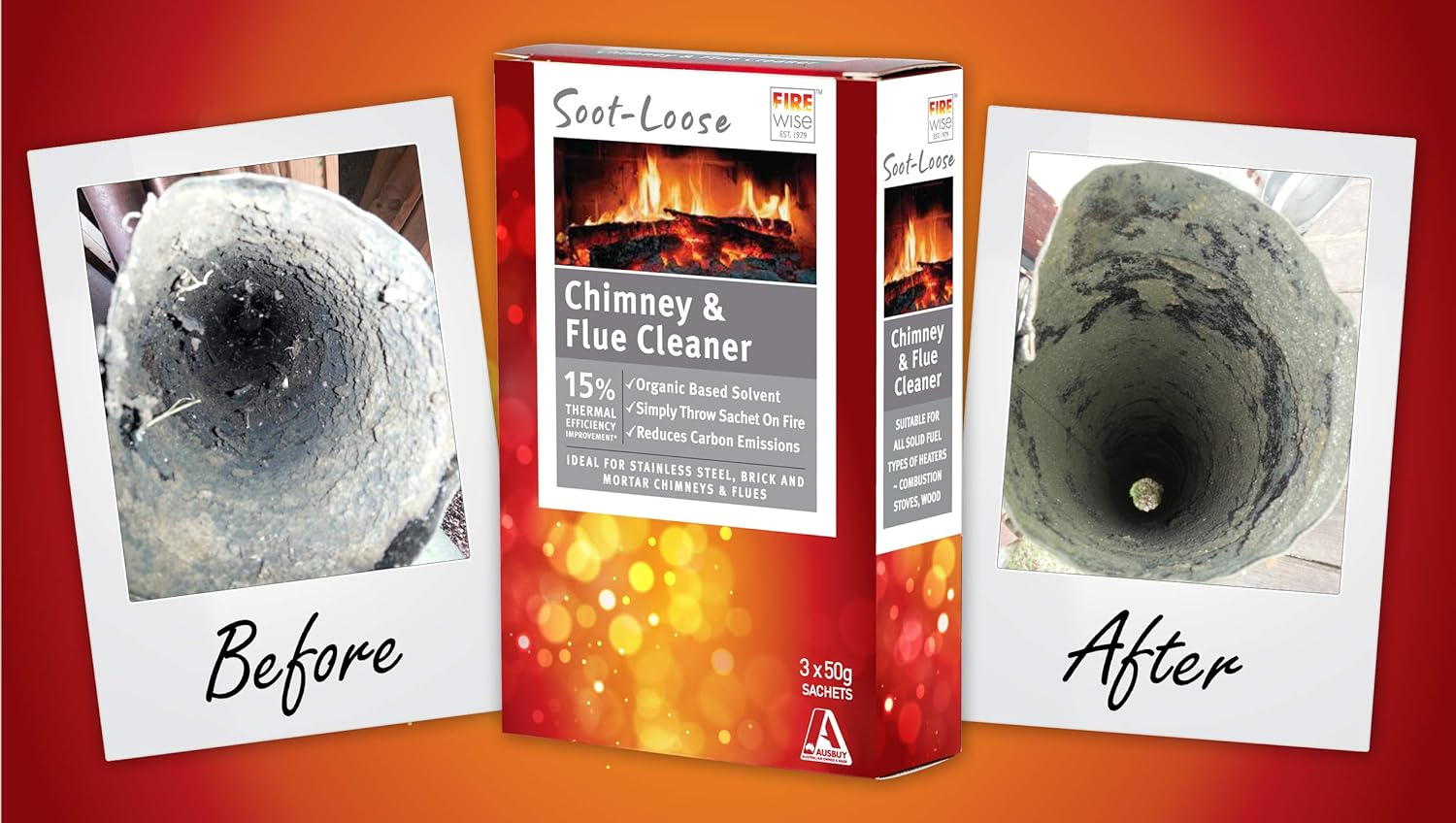 Soot-Loose Chimney and Flue Cleaner, 2 in 1, Dissolves Tar & Creosote That Has Built up over Time, Increases Heater Efficiency & Reduces Smoke Emissions and Is Safe for the Environment - 3 Boxes (9 Sachets) image number 1