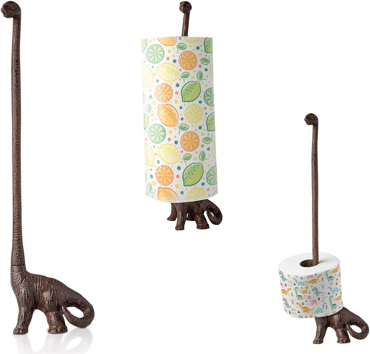 Comfify Paper Towel Holder or Free Standing Toilet Paper Holder- Cast Iron Dinosaur Paper Holder - Bathroom Toilet Paper Holder or Stand up Paper Towel Holder - Rustic Brown W/Vintage Finish By image number 4
