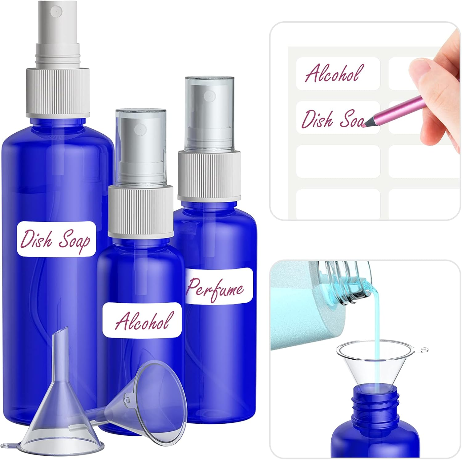 Spray Bottles Plastic Small Mist Travel Bottles Set 10 Pcs 50Ml Liquid Atomiser Refillable Containers with 2 Funnels 1 Sheet Labels (Blue)