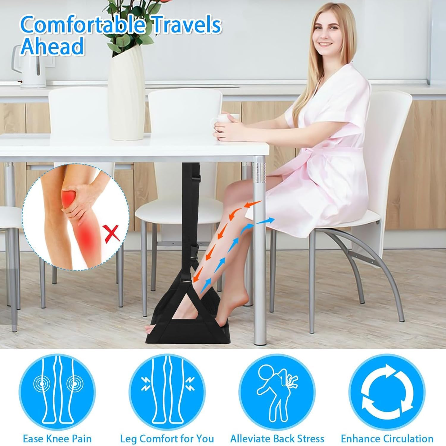 Airplane Foot Rest,No Collapse Foot Hammock for Plane,Adjustable Height Portable under Desk Travel Foot Rest,Airplane Travel Essentials,Leg Hammock Relieves Foot Fatigue image number 1