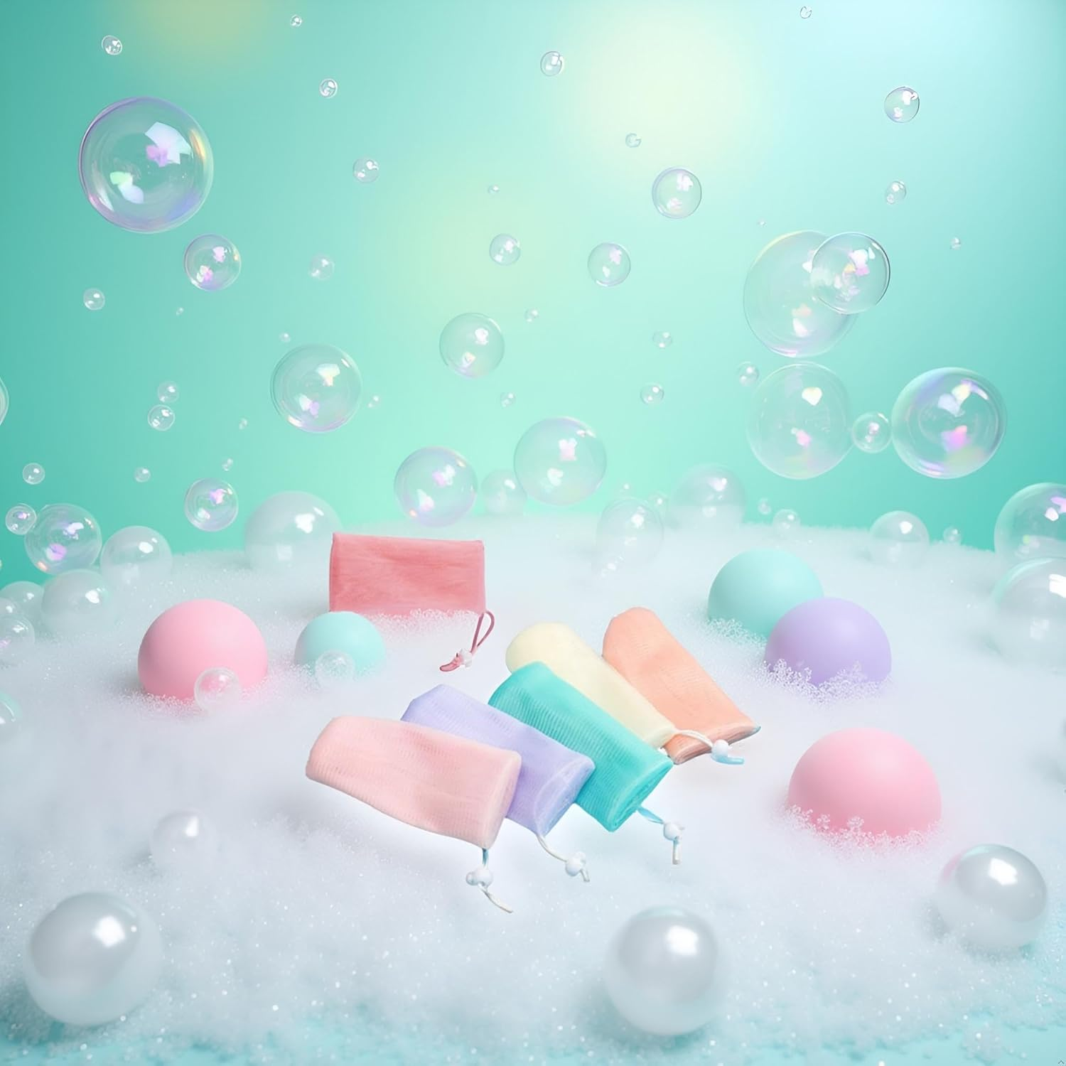 6PCS Multicolor Exfoliating Mesh Soap Pouch Bubble Foam Net Bag for Shower Saver Pouch Drawstring Foaming Net Soap Bag for Body Facial Cleaning Tool, 5 Colors Easy to Store Used Repeatedly,Cleansers image number 1