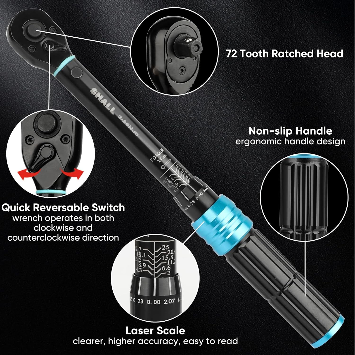 Shall 15-Piece 1/4" Torque Wrench Set, (2-25Nm) Dual Direction Adjustable 72 Tooth for Bike and Motorcycle Maintenance,With Extension Pole and Storage Box