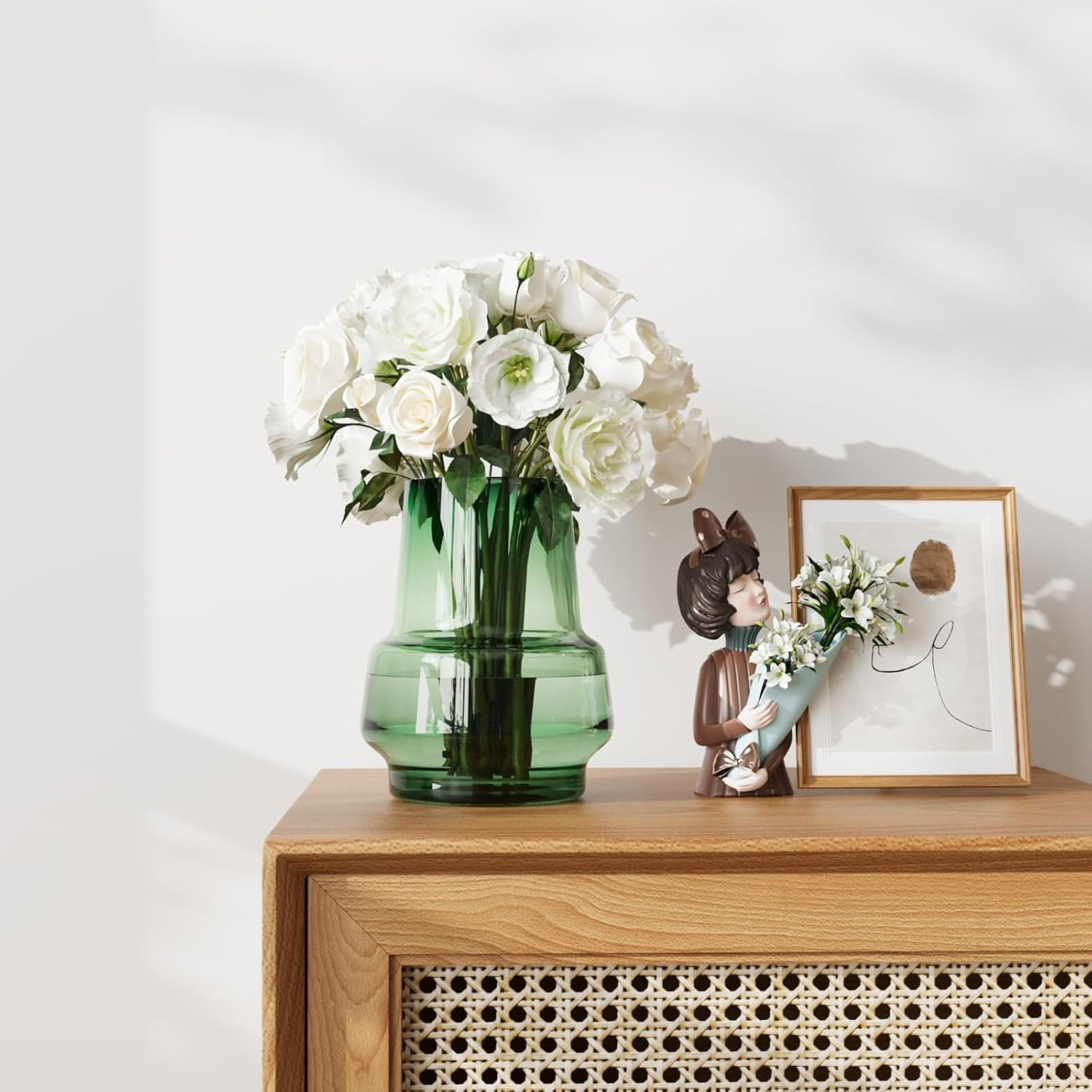 Relexome Green Glass Flower Vase for Centerpieces Bouquet Flowers Modern Wide Mouth Glass Vase Decorative Bud Vases for Home Decor, Living Room, Kitchen, Dining Table, Entryway 7.3 Inch image number 4