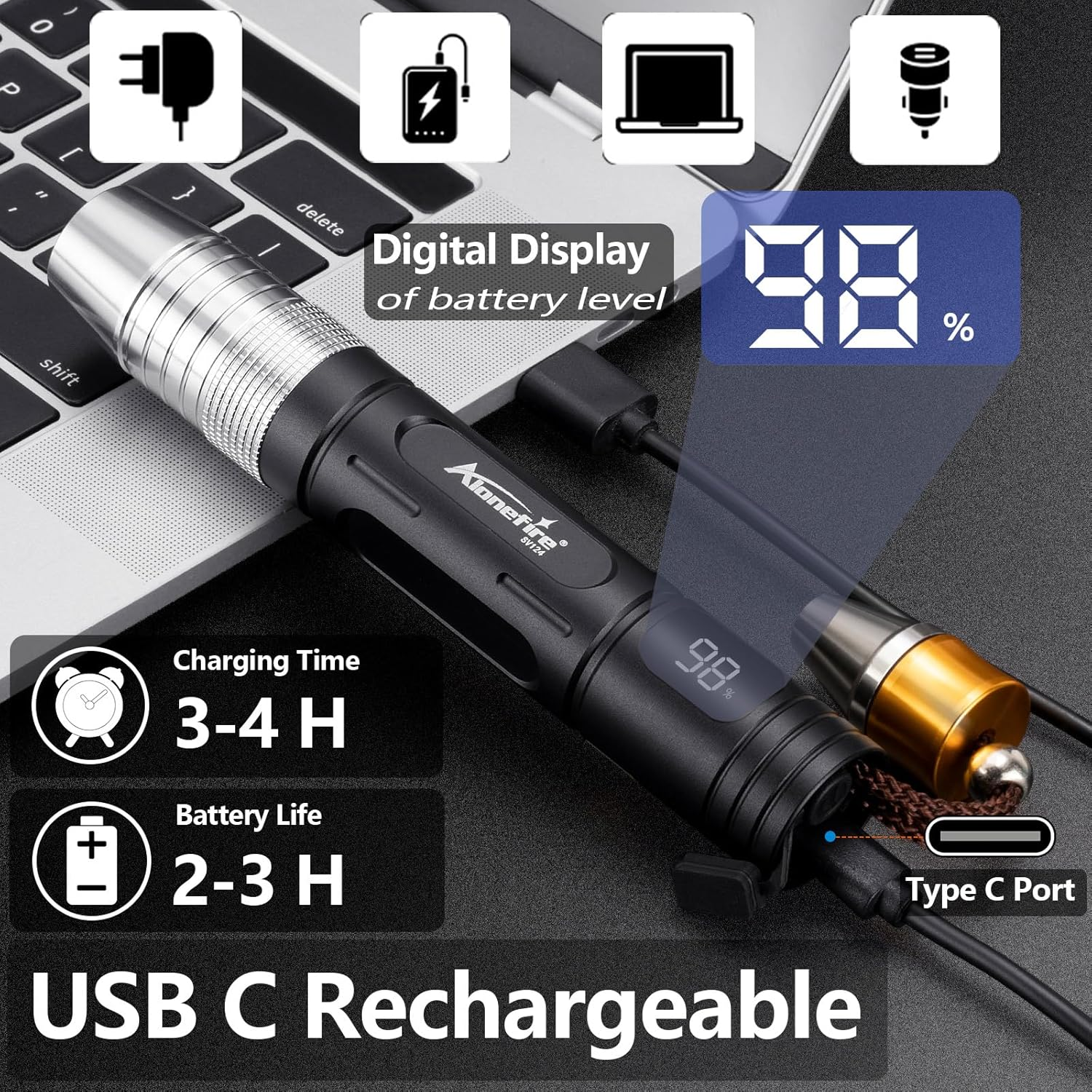 Alonefire SV124 EDC Flashlight Mini 365Nm/395Nm UV Blacklight, Yellow and White Light Digital Display USB C Rechargeable Pet Urine Detector for Rocks Gemstone with Little Focusing Tip,Built-In Battery image number 5