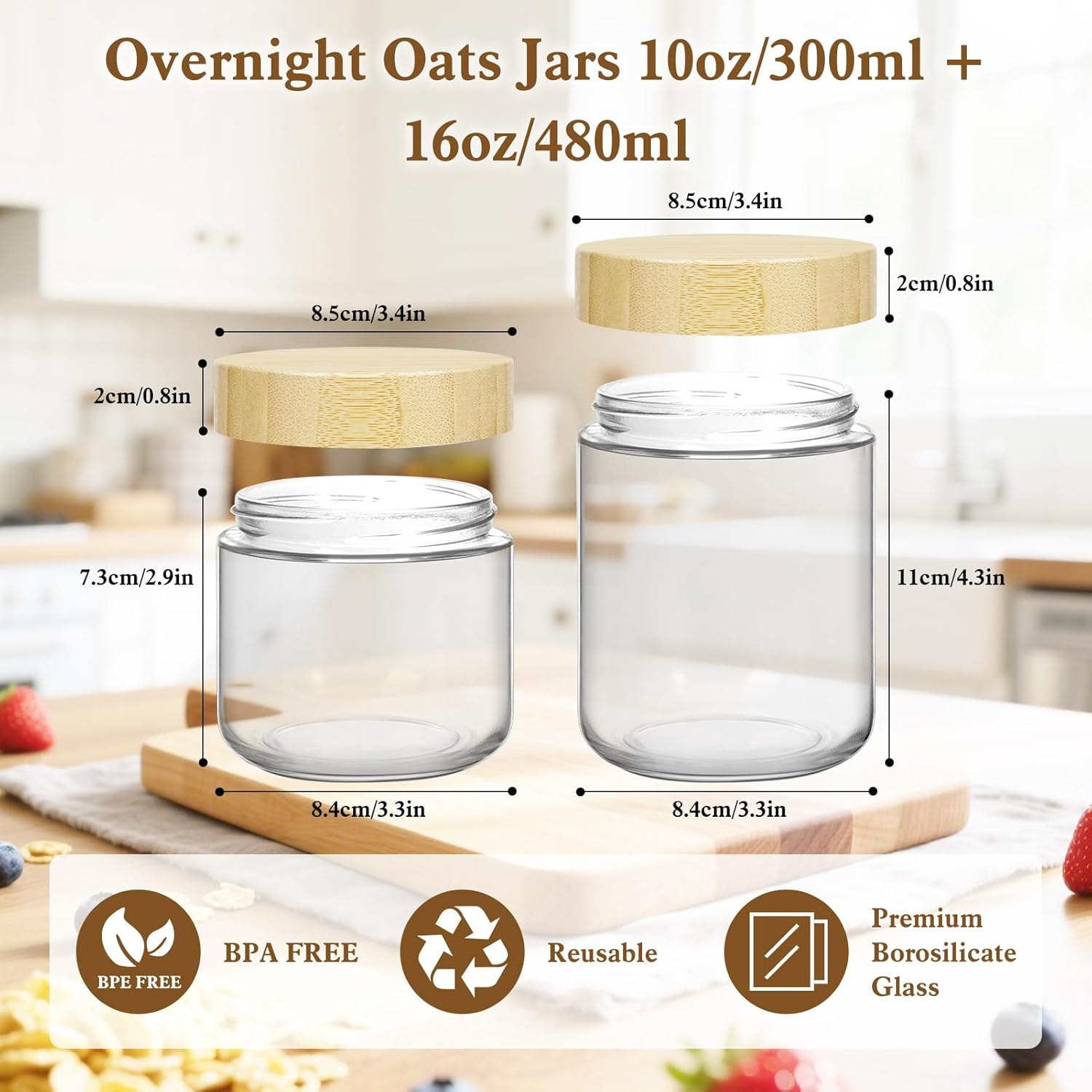 UHAPEER 10 & 16 Oz Overnight Oats Containers with Bamboo Lids 6 Pack: Airtight Glass Storage Jars Wide Mouth Mason Jars for Breakfast Meal Prep Salad Chia Puddirg Snacks Yogurt Sugar Spice Cereal image number 1
