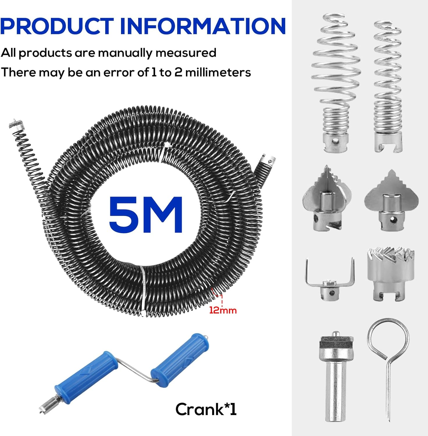 Pipe Cleaning Spiral 5 M Diameter 12 Mm, Drain Cleaner Spiral, Spiral Drain Pipe Cleaning with Electric and Manual Adapters, Drain Spiral Pipe Cleaning Shaft, Pipe Cleaner Pipe Cleaning Device image number 5