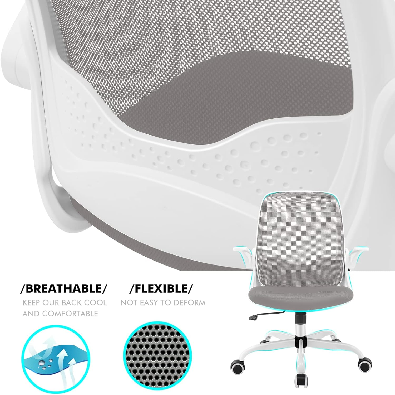 KERDOM Office Chair, Ergonomic Desk Chair, Breathable Mesh Computer Chair, Comfy Swivel Task Chair with Flip-Up Armrests and Adjustable Height (Kd933-C-Grey)