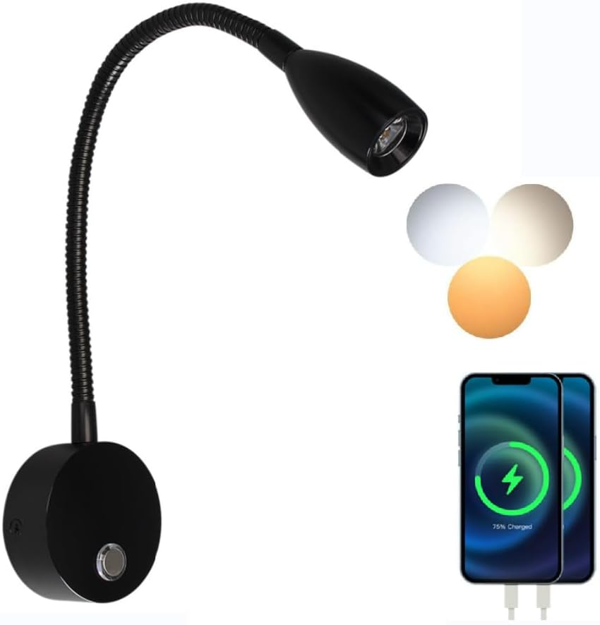 12V RV Reading Light with Dual Charging Ports, 3CCT Touch Control Dimmable Flexible Gooseneck Wall Lamp RV Interior Bedside Light for Motor-House Camper Caravan Vehicle Vessel Boat Yacht (Black)
