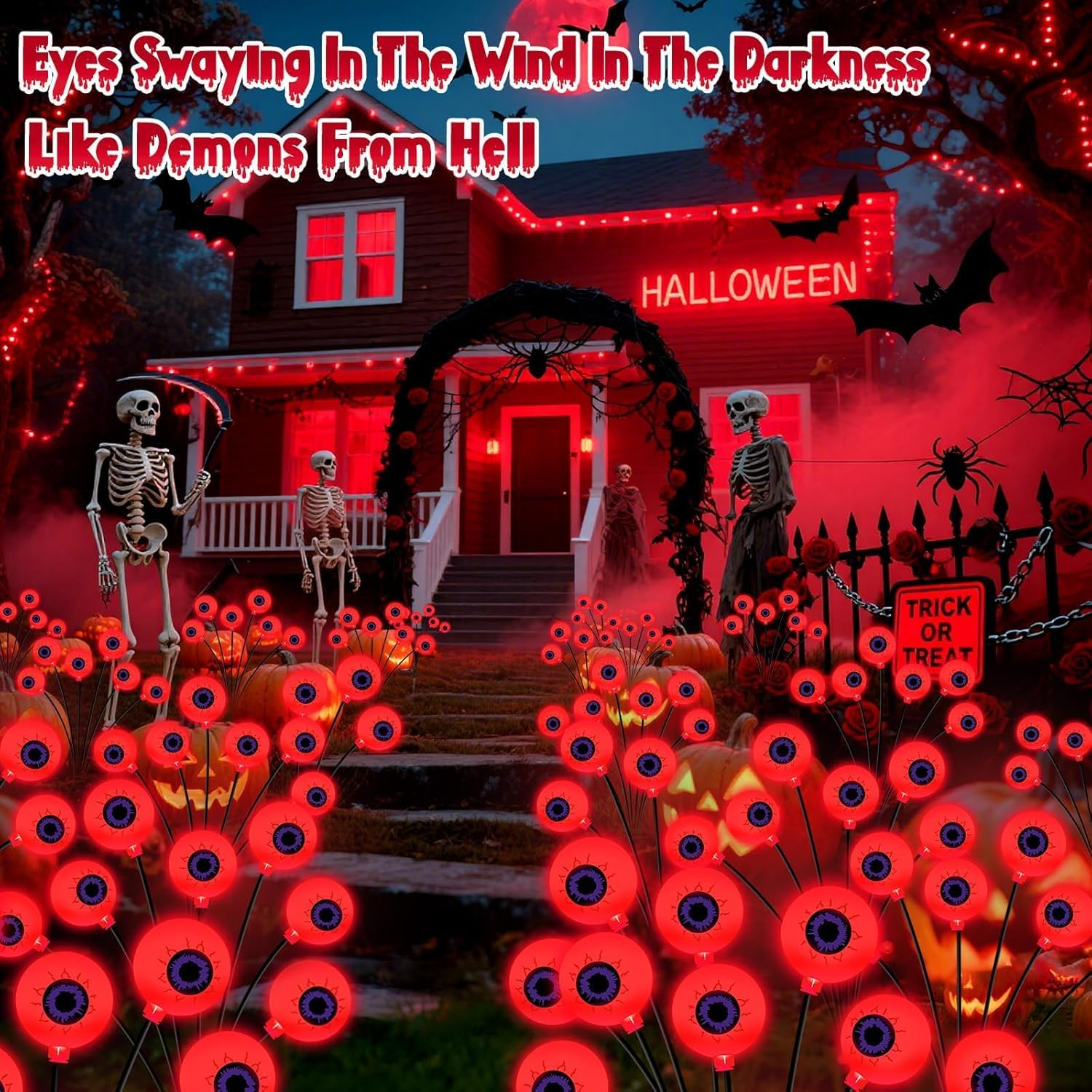 2-Pack Solar Halloween Eyeball Lights - 16 LED Green Outdoor Pathway Lights with 2 Modes, Swaying Firefly Effect, Waterproof Decor for Garden, Yard & Lawn (RED)