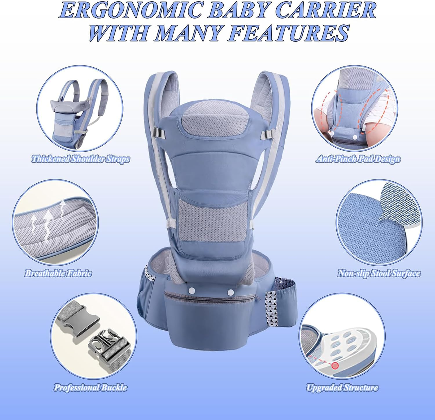 Heyinova Baby Carrier,Baby Carrier with Hip Seat,Adjustable Baby Holder Carrier with Back Pad Removable, for Newborn to Toddler,6-In-1 Ways to Carry,All Seasons and All Position