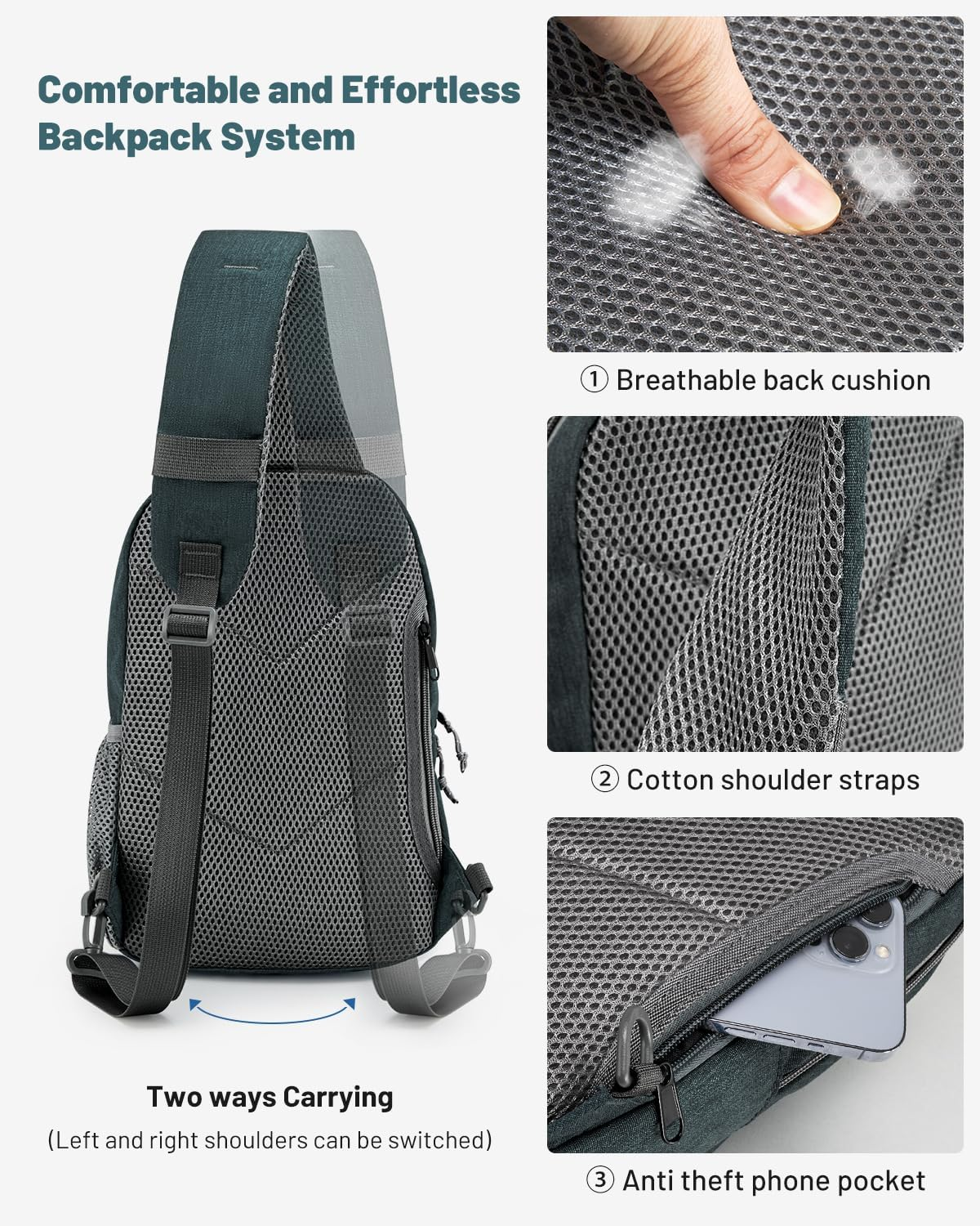 OIWAS Sling Bag Crossbody Backpack for Men, One Strap Backpack Hiking Daypack Chest Bag for Women - Gray image number 4