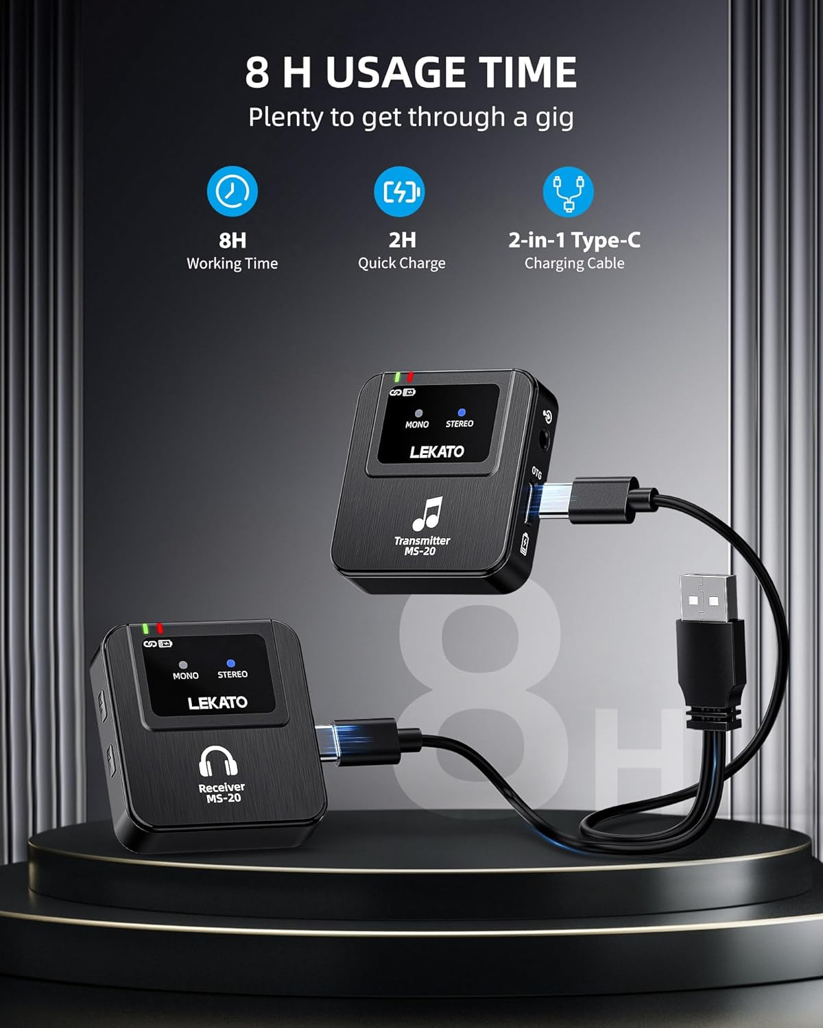 LEKATO Wireless In-Ear Monitor MS-20, 2.4G IEM System Low Latency, with Beltpack Transmitter Auto-Pairing Receiver, OTG Support, One to More, In-Ear Monitoring for Live Performance Singer Band Starter image number 5