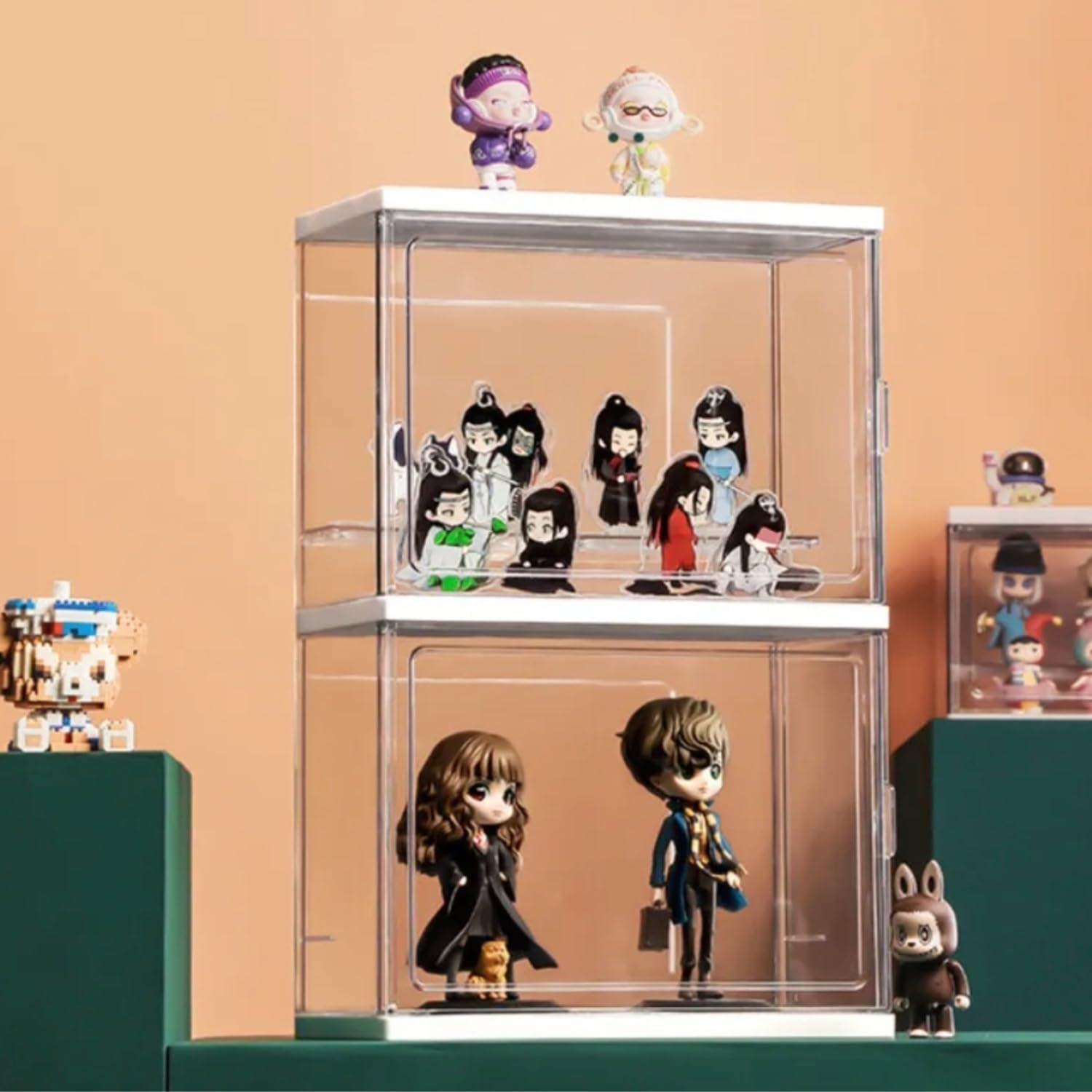 Toy Display Storage Box Acrylic Clear Display Case PET Transparent Case Figure Display Dust-Proof Cabinet Doll Toys Organizer Case Countertop Cube with Removable Ladder (Large - Two Layers) image number 1