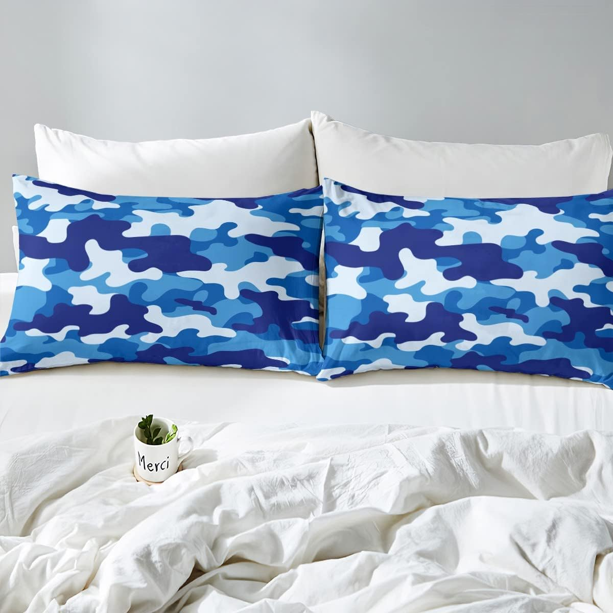 Manfei Navy Blue Camouflage Boys Duvet Cover Set S Size, Modern Army Camo Bedding Set Children Teens Adults White Blue Camo Comforter Cover Outdoor Sports Style Quilt Cover, 1 Pillowcase image number 3
