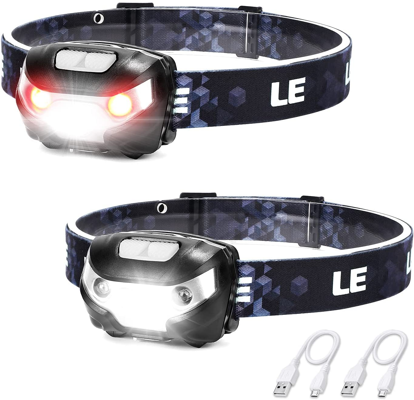 LE Head Torch Rechargeable, [2 Pack] 1000L Super Bright LED Headlamp Waterproof with Red Warning Lights 5 Lighting Modes 30 Hours Runtime Lightweight Headlight Flashlight for Cycling Running Camping image number 5
