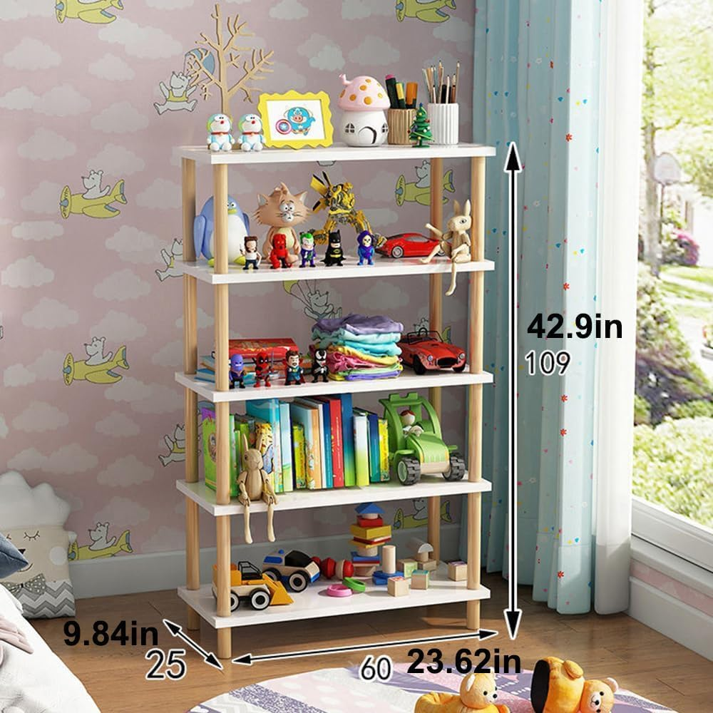 Hbluefat 5-Tier Bookshelf, Floor Standing Display Solid Wooden Bookcase, Modern Simple Open Multifunctional Storage Shelving for Living Room Home Office (White) image number 3