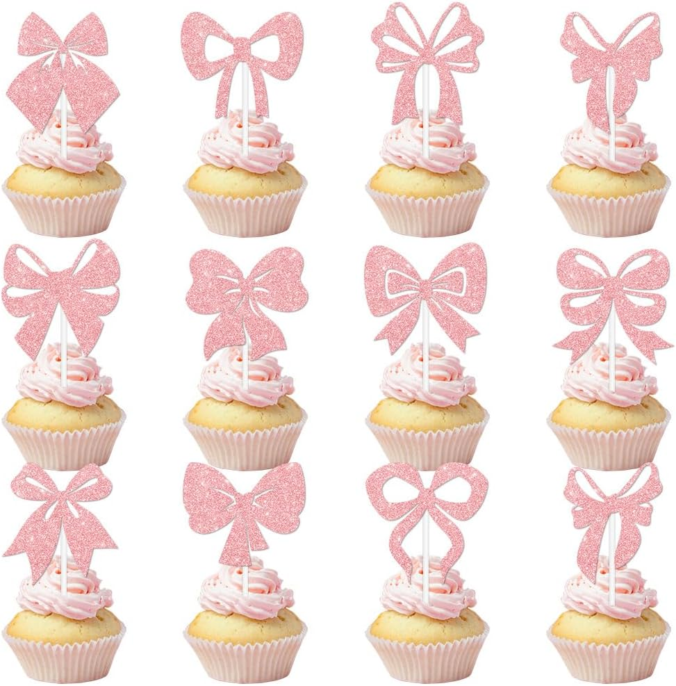 24Pcs Pink Bow Cupcake Toppers Bow Birthday Party Decorations Bowknot Cupcake Picks for Birthday Bridal Shower Wedding Themed Party Cake Decorations image number 4