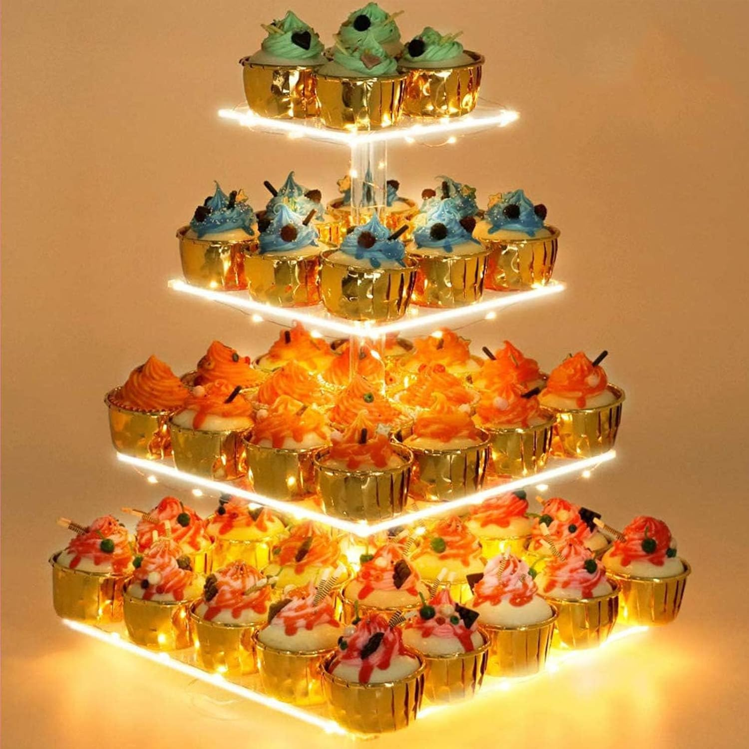 4 Tier Cupcake Stand Acrylic Tower Display with LED Light String, Cupcake Tray Holder Dessert Cake Tree Tower Pastry Stand for Birthday Cady Bar D&eacute;cor Weddings Parties Events image number 2