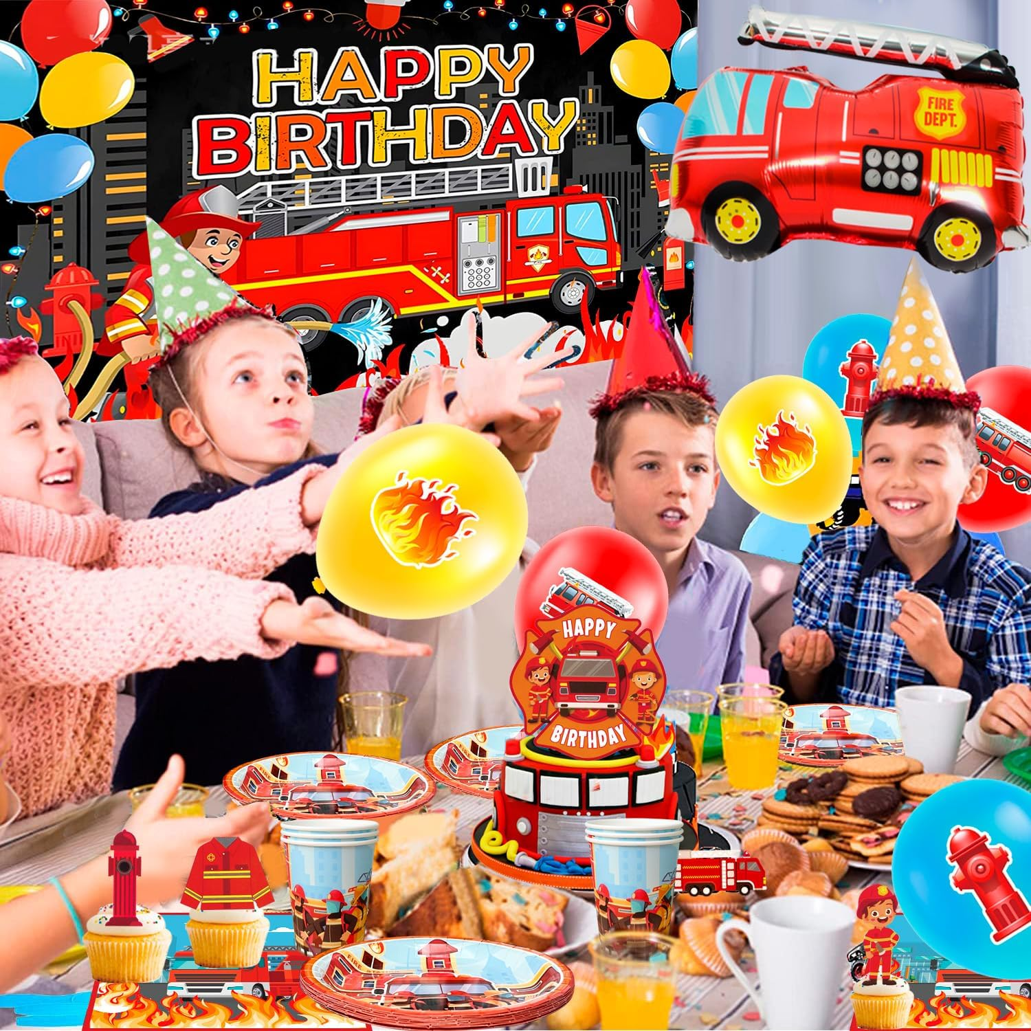 Fire Truck Birthday Party Supplies, Firetruck Birthday Decorations Tableware Set Fire Truck Party Plates Cups Napkins Firefighter Themed Balloon Backdrop Etc Fire Truck Party Supplies image number 5