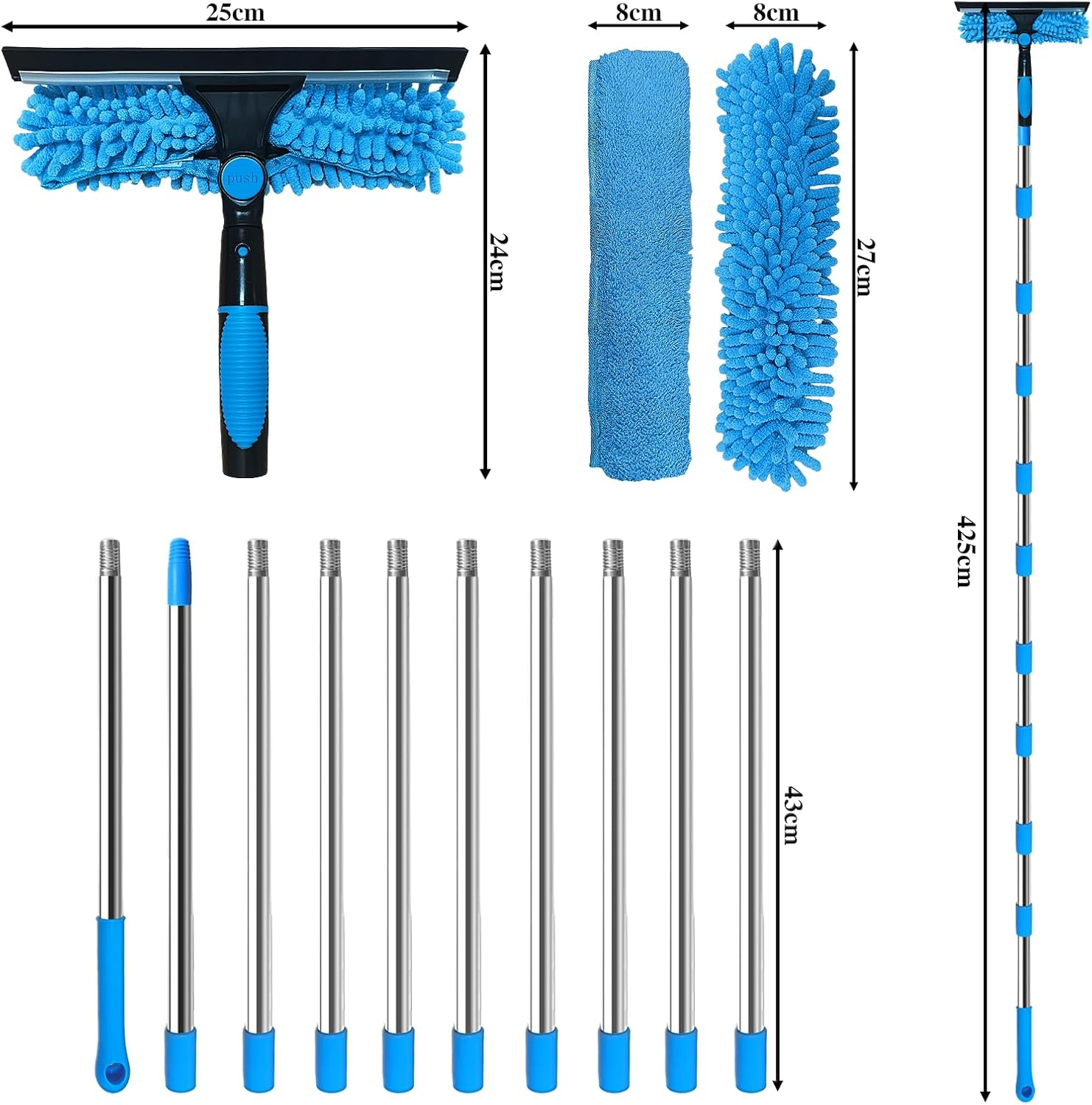Telescopic Window Wiper Set, 4.2 M Window Cleaner with 10 Extension Rods, Chenille/Coral Velvet Replacement Fabric, Shower Squeegee, 2-In-1 Window Cleaning Set for High Windows, Walls, Car Glass image number 6