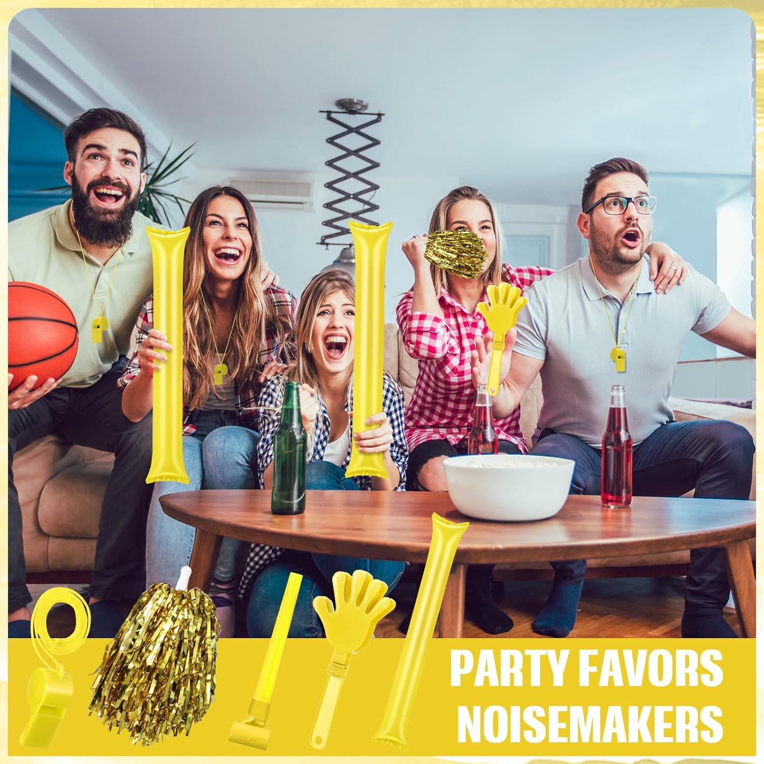 48 Pcs Cheerleading Pom Poms Thunder Sticks Hand Clappers Plastic Whistles with Lanyards Squawker Horns image number 3