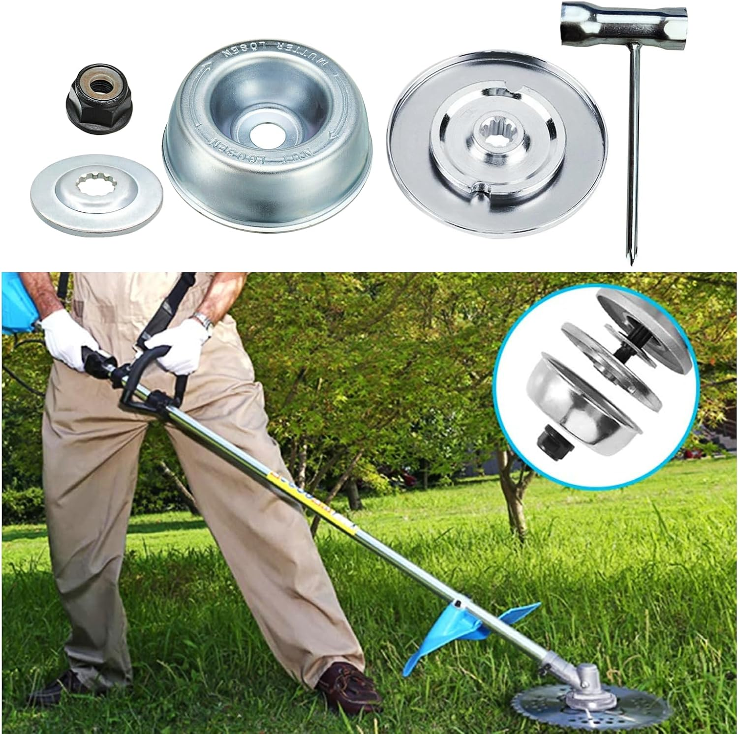 Blade Adapter Kit for Stihl FS55 FS55R FS56 FS56RC FS70R FS80 FS85 FS90 FS90R FS94 FS94R FS100RX FS110 FS120 FS130 FS130R FS240 FS250 (Thrust Washer, Rider Plate, Thrust Plate, Collar Nut, T-Wrench) image number 3