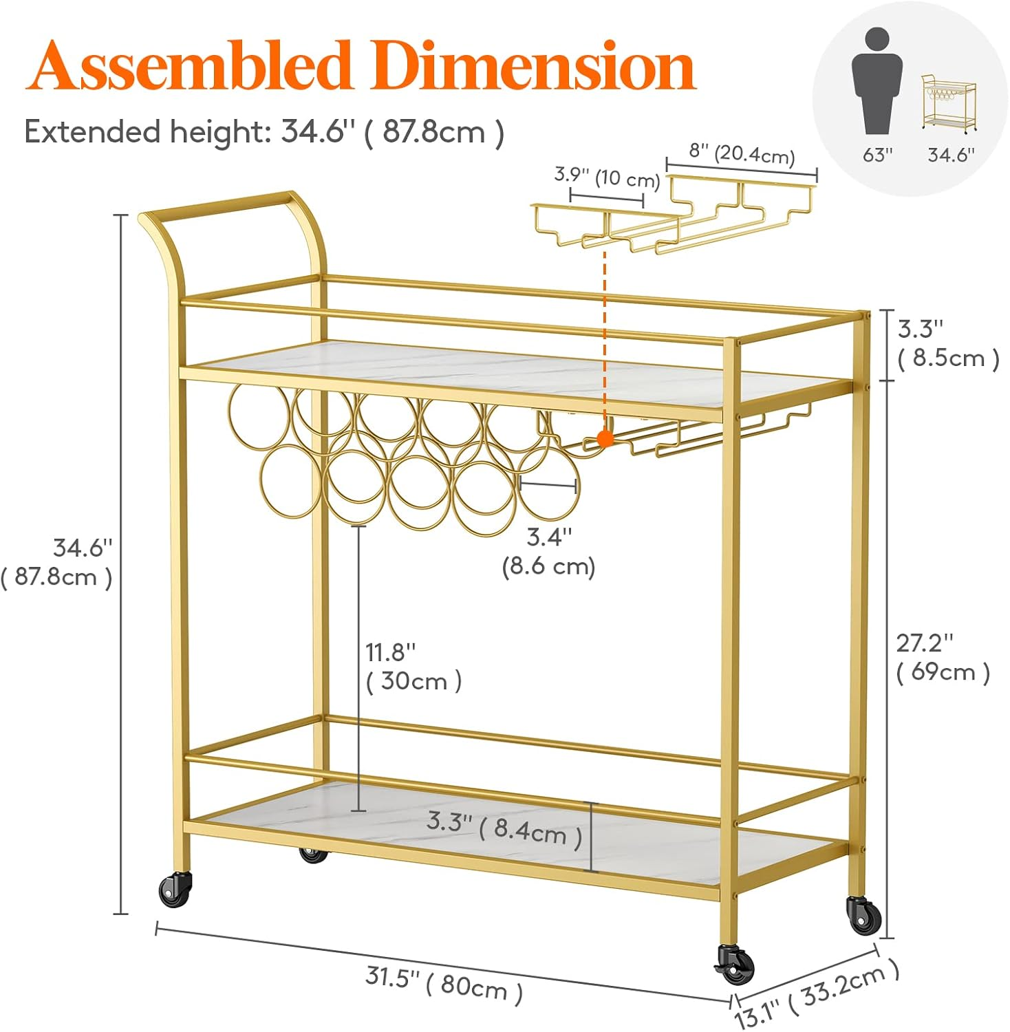 Lifewit Drinks Trolley on Wheels, 2 Tier Bar Cart with 9 Wine Bottle Racks, Serving Cart for Kitchen Dining Living Room Outdoor, 80 X 33.2 X 87.8 Cm, Gold image number 6