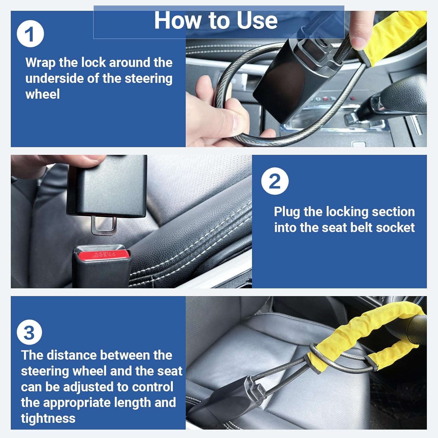 Car Steering Wheel Lock, Lightweight anti Theft Club Lock, 43Cm Universal Seat Belt Buckles Sturdy Lock with 3 Keys, Fit Most Vehicle Car SUV Truck Van (Yellow) image number 3