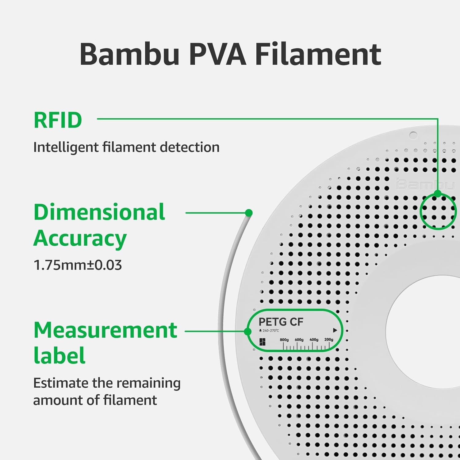 Bambu Lab PVA 3D Printer Filament, Water Soluble 3D Printing Support Filament, Dissolvable Support Material for All PLA & PETG, 1.75Mm +/- 0.03Mm 3D Print Material with Reusable Spool, 0.5Kg Clear
