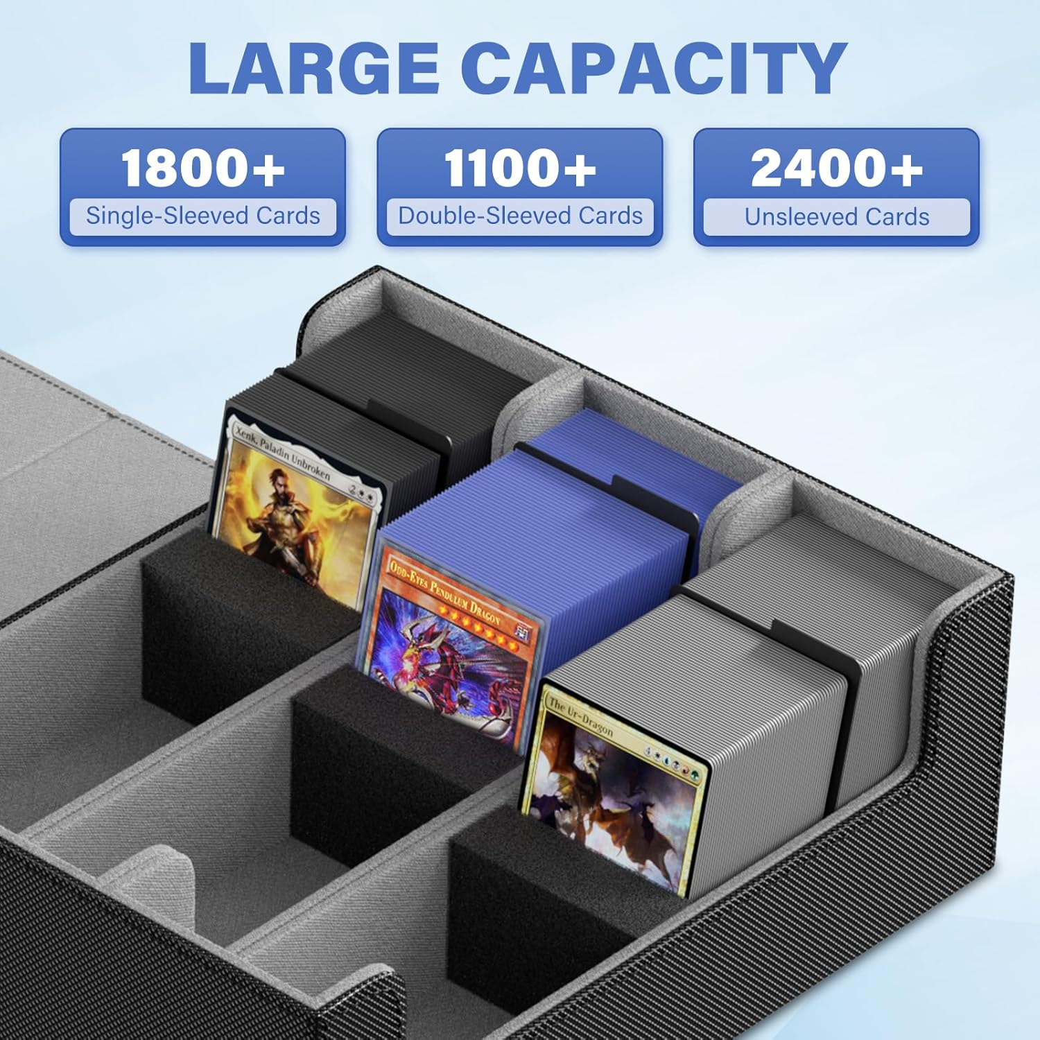 QUVGO Trading Card Storage Box for 1800+ Cards, Durable PU Leather with Strong Magnetic Closure, Fits MTG, Yu-Gi-Oh, Sports Cards, Includes 10 Dividers and 3 Foam Stoppers, Black & Gray image number 6
