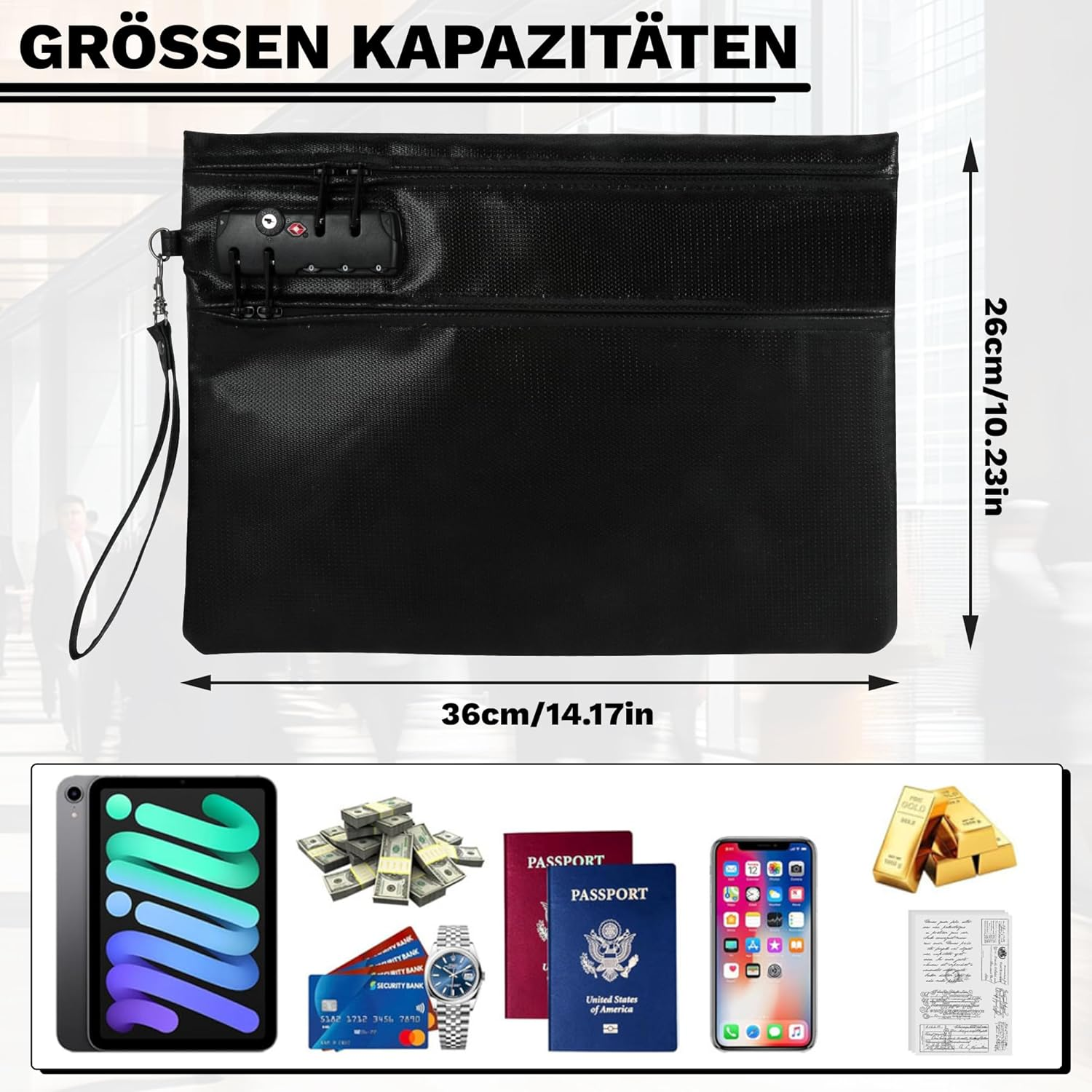 6400&deg;F Fireproof Document Bag with Lock, Waterproof, Fireproof Document Bag, 12-Layer Thermal Insulation, Fireproof Money Bag for Cash, Passports, Valuables, 36 X 26 Cm, Black image number 3