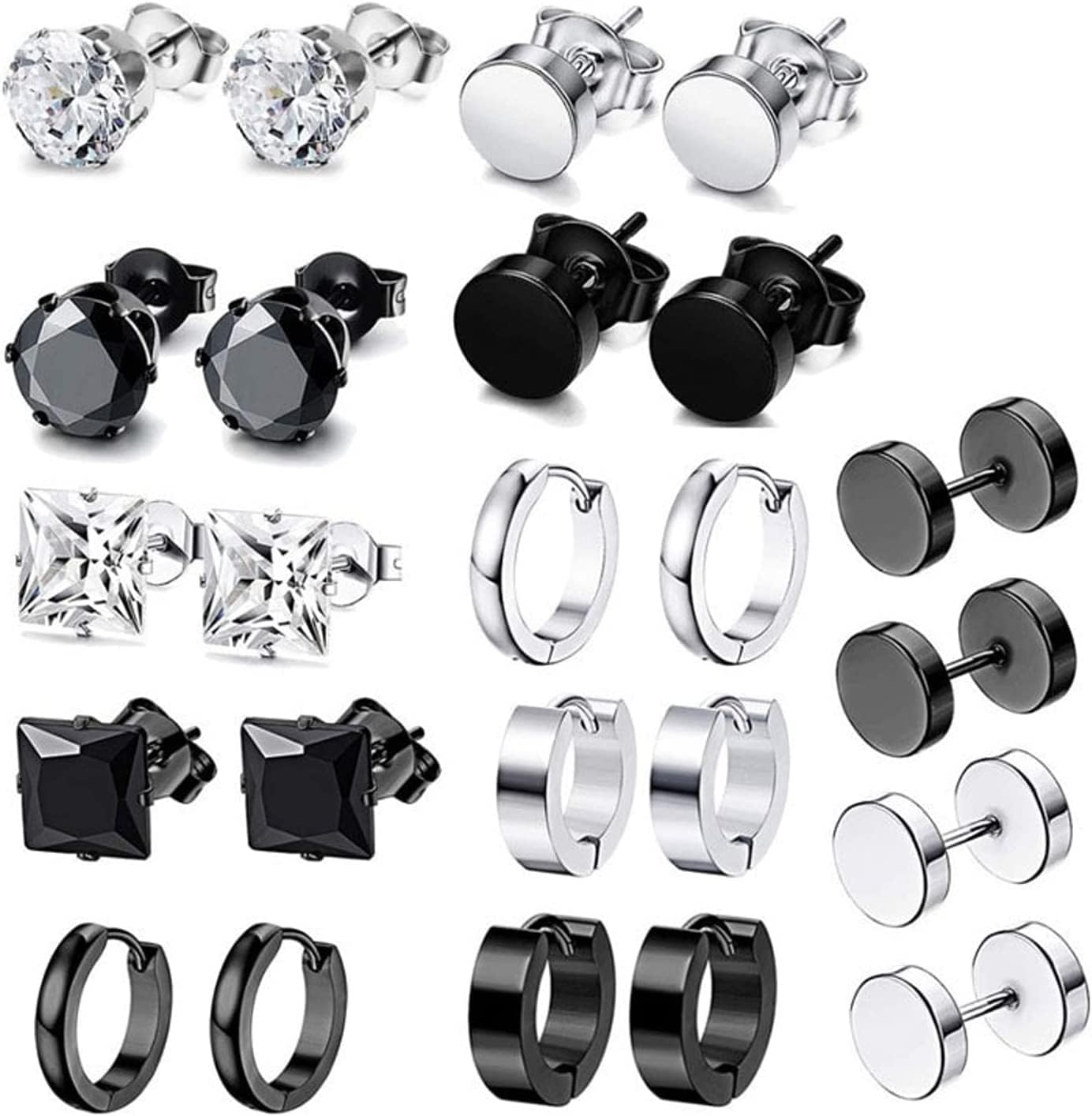 12 Pairs Black Earrings for Men, Stainless Steel Earrings Hoop Earrings Set for Unisex, Barbell Earrings, Diamond Earrings, Stainless Steel Earrings Boys Girls Jewelry Set Gift image number 4