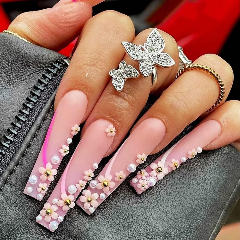 3D Flower Nail Art Charms, 6 Grids 3D Acrylic Nail Flowers Rhinestone Light Change Pink White Blue Cherry Blossom Acrylic Spring Nail Art Supplies with Pearls Manicure DIY Nail Decorations