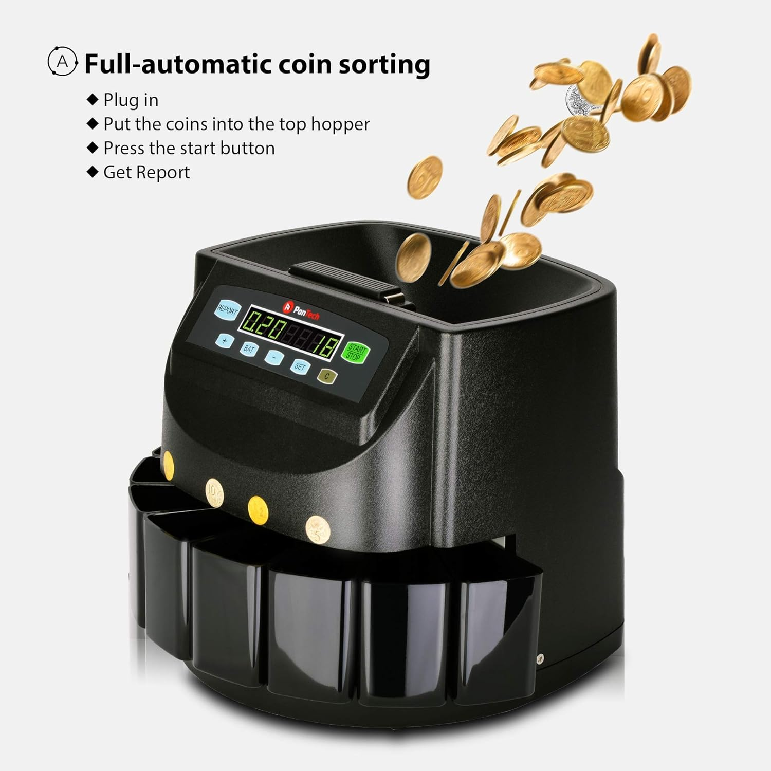 Pantech Australian Coin Counter-Money Coin Counting Machine - High-Speed Coin Sorter, up to 330 Units/Min &ndash; Black Color - LCD Display, Anti-Jam Function, Large Capacity Hopper image number 3
