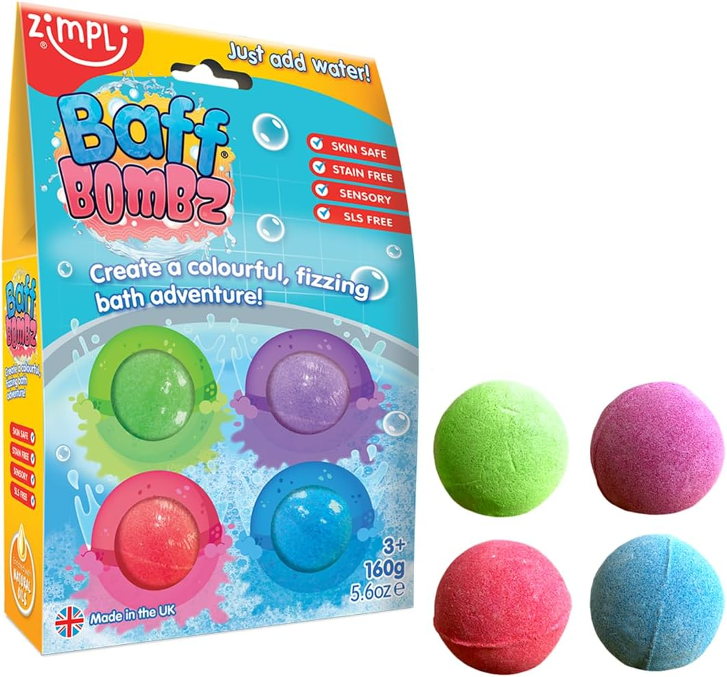 Zimpli Kids 4 Pack round Bath Bombs - Soap Material, Fruit Theme, Green, Purple, Blue, Red Colors, Ages 3+ image number 3