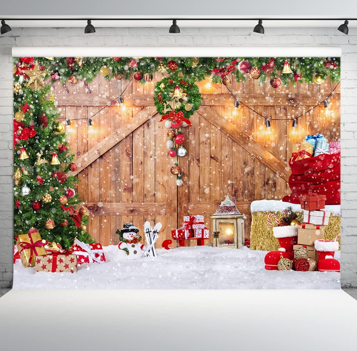 SJOLOON Rustic Christmas Barn Wood Door Backdrop for Photography Xmas Tree Snow Gift Wall Floor Party Photo Background Winter Holiday Family Supplies Banner Decoration Studio Props 12391 (12X10Ft) image number 1